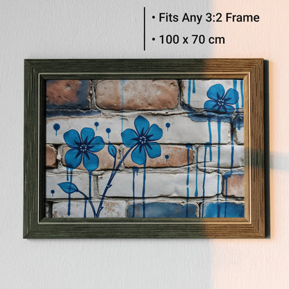 Blue Floral Brick Texture - Arts To GloryBlue Floral Brick TextureDigital Wall ArtArts To GloryA framed 100x70cm digital print of blue floral graffiti, featuring dripping paint details for a striking contrast in contemporary interiors.