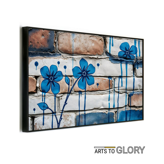 Blue Floral Brick Texture - Arts To GloryBlue Floral Brick TextureDigital Wall ArtArts To GloryBold blue graffiti - style flowers on a weathered brick wall, blending street art with organic elegance, perfect for modern interiors.