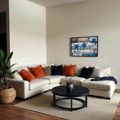 Blue Floral Brick Texture - Arts To GloryBlue Floral Brick TextureDigital Wall ArtArts To GloryA stylish, contemporary living space with wooden flooring and neutral tones, featuring a bold blue graffiti floral artwork as the centrepiece.