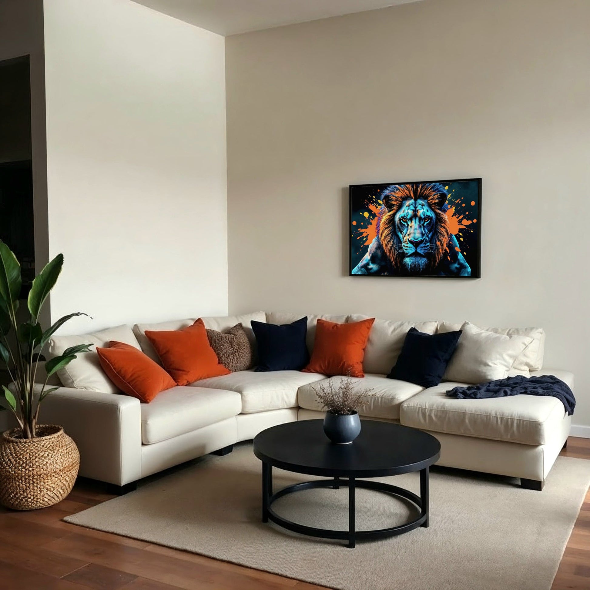 Blue & Orange Lion - Arts To GloryBlue & Orange LionDigital Wall ArtArts To GloryA stylish and sophisticated living room featuring a large framed blue lion digital painting, enhancing the space with bold colours and contrast.