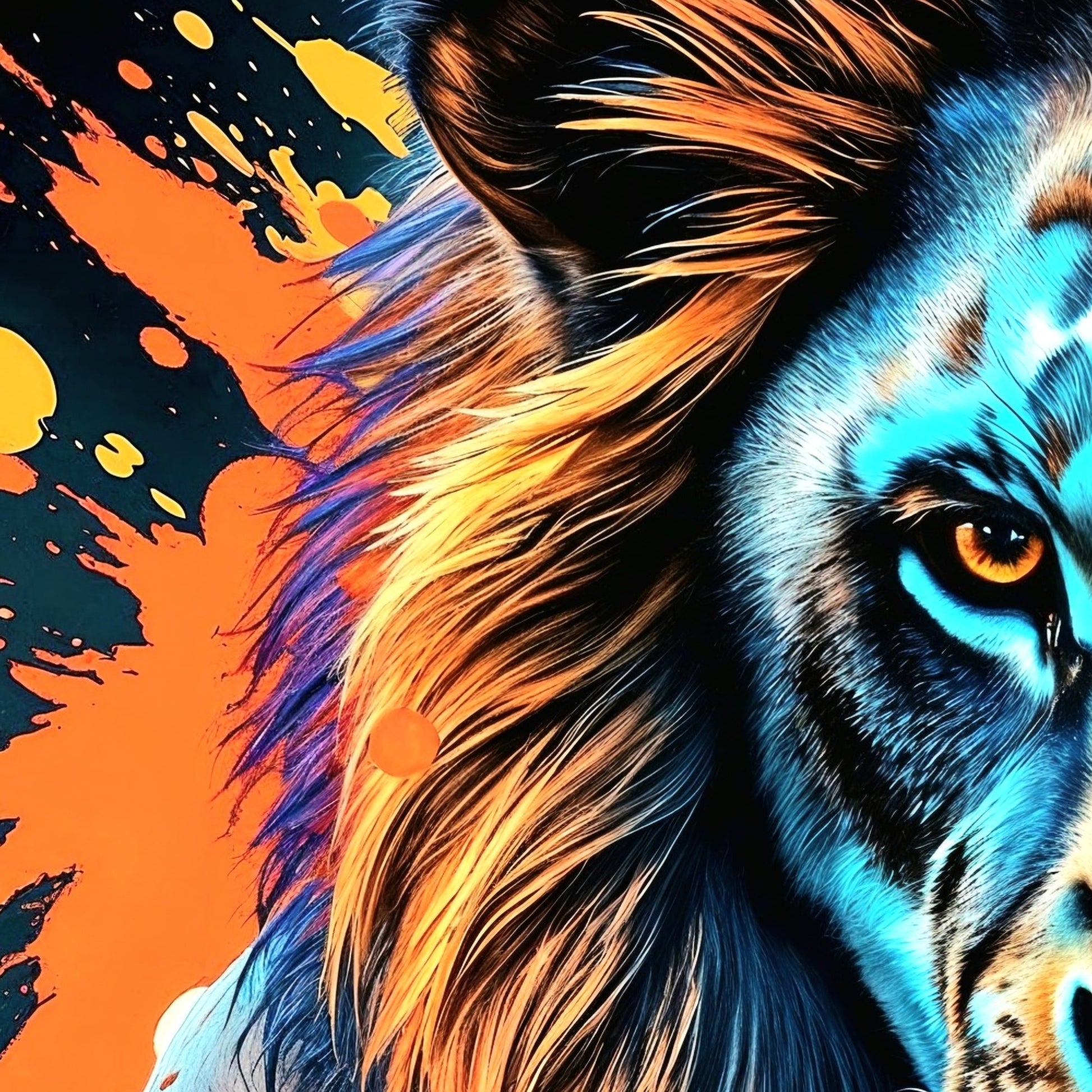 Blue & Orange Lion - Arts To GloryBlue & Orange LionDigital Wall ArtArts To GloryClose - up of a powerful blue lion digital painting, showcasing intricate fur details and glowing amber eyes.