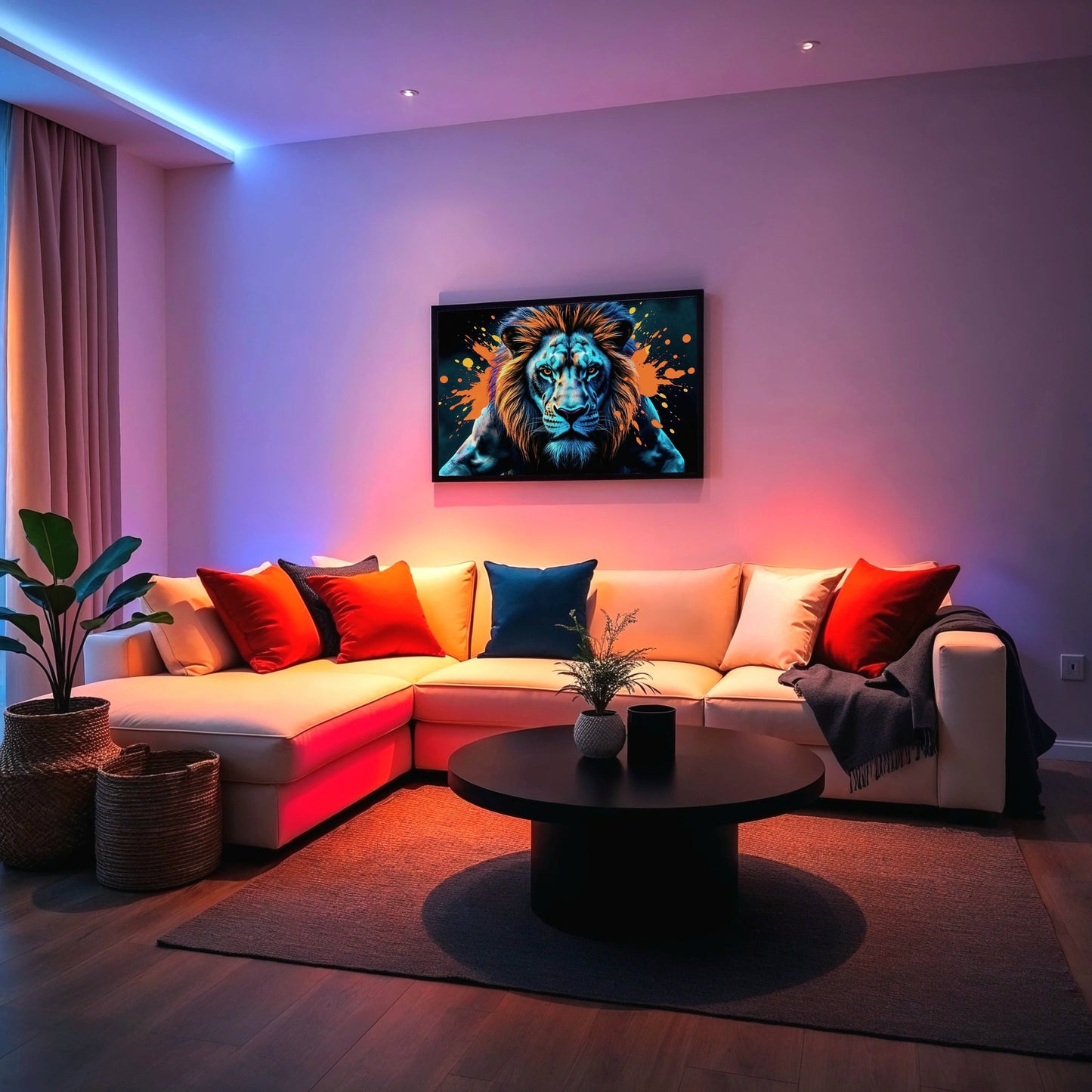 Blue & Orange Lion - Arts To GloryBlue & Orange LionDigital Wall ArtArts To GloryA contemporary living room with LED lighting, featuring a framed blue lion art piece as the centrepiece, adding bold energy to the space.