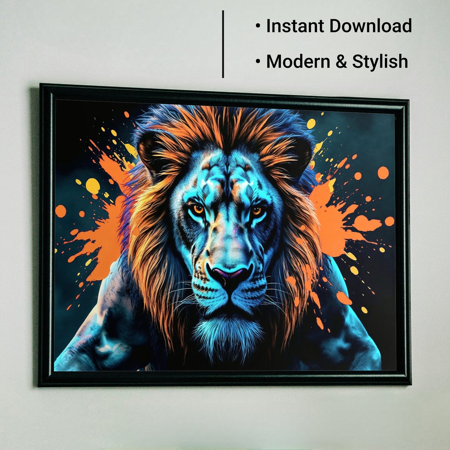 Blue & Orange Lion - Arts To GloryBlue & Orange LionDigital Wall ArtArts To GloryHigh - contrast digital artwork of a striking blue lion with vivid orange splashes, perfect for bold interior styling.