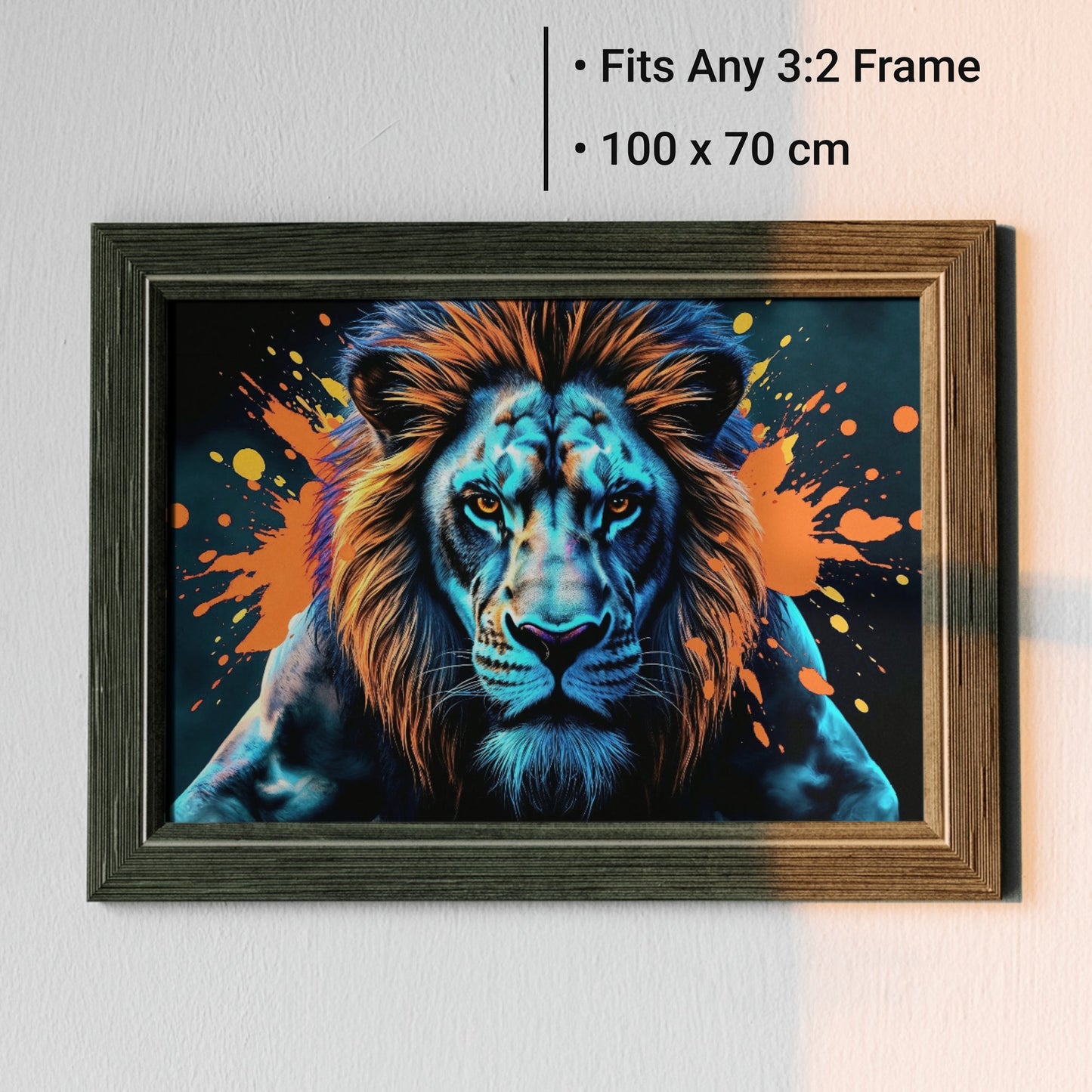 Blue & Orange Lion - Arts To GloryBlue & Orange LionDigital Wall ArtArts To GloryA framed 100x70cm print of a fierce blue lion with vibrant orange accents, ideal for contemporary and industrial spaces.