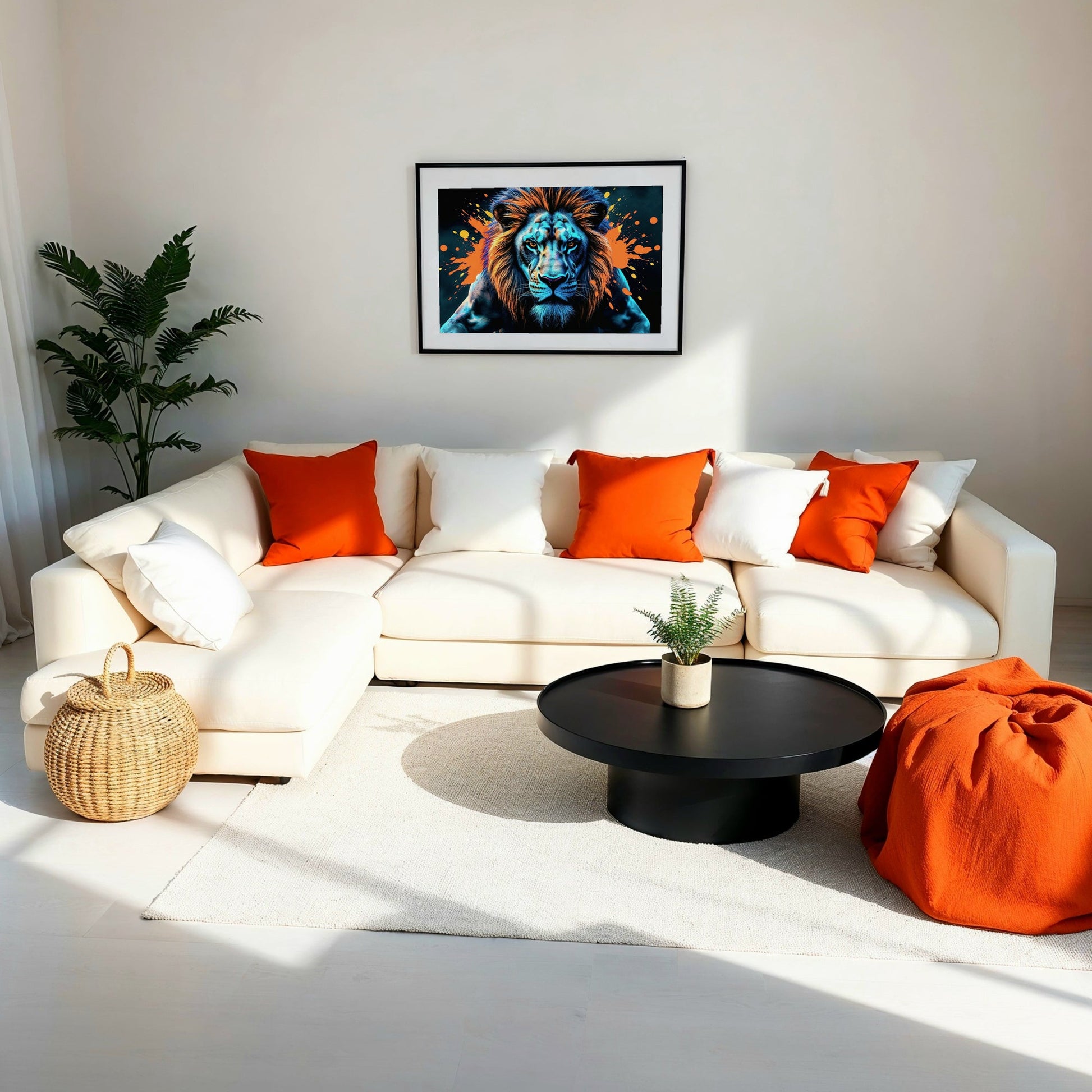 Blue & Orange Lion - Arts To GloryBlue & Orange LionDigital Wall ArtArts To GloryA modern living room with clean lines and natural accents, styled with a framed blue lion digital print that commands attention.