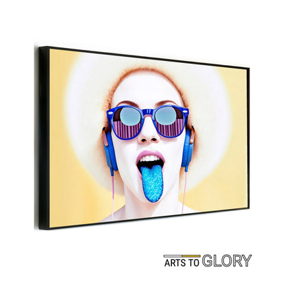 Blue Tongue Blue Headphones - Arts To GloryBlue Tongue Blue HeadphonesDigital Wall ArtArts To GlorySurreal pop - art portrait with glitter blue tongue, headphones, and blue sunglasses on yellow background – bold digital wall art.