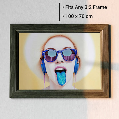 Blue Tongue Blue Headphones - Arts To GloryBlue Tongue Blue HeadphonesDigital Wall ArtArts To GloryFramed 100x70cm digital wall art featuring surreal glitter tongue and bold blue accessories.