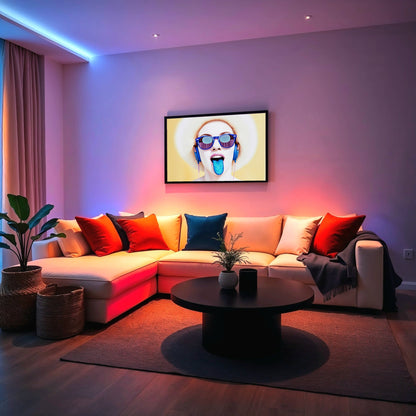 Blue Tongue Blue Headphones - Arts To GloryBlue Tongue Blue HeadphonesDigital Wall ArtArts To GloryUrban - style living room with framed digital art featuring glitter tongue and headphones, adding playful edge.