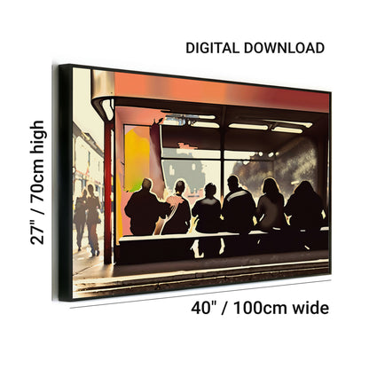 People on Bus Stop Bench | Evening Silhouettes Wall Art in Black & Palm Red | Bold Contrast Design | Home Decor | Digital Download | 100 x 70 cm | Wide Format Digital Print - Arts To GloryPeople on Bus Stop Bench | Evening Silhouettes Wall Art in Black & Palm Red | Bold Contrast Design | Home Decor | Digital Download | 100 x 70 cm | Wide Format Digital PrintColourful ExpressionsArts To GloryDigital wall art for instant download, featuring silhouetted people waiting at a bus stop