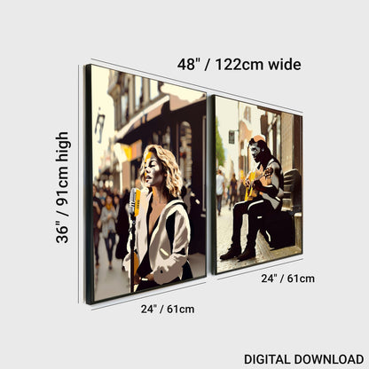 Busking Street Performers | Woman Singing with Microphone and Man Playing Acoustic Guitar | Dramatic Contrast Street Scene | Digital Art Set | 60 x 90 cm - Arts To GloryBusking Street Performers | Woman Singing with Microphone and Man Playing Acoustic Guitar | Dramatic Contrast Street Scene | Digital Art Set | 60 x 90 cmColourful ExpressionsArts To GloryDigital download promotional image featuring a two-piece wall art set, showcasing a street performer duo with a female singer and a male guitari