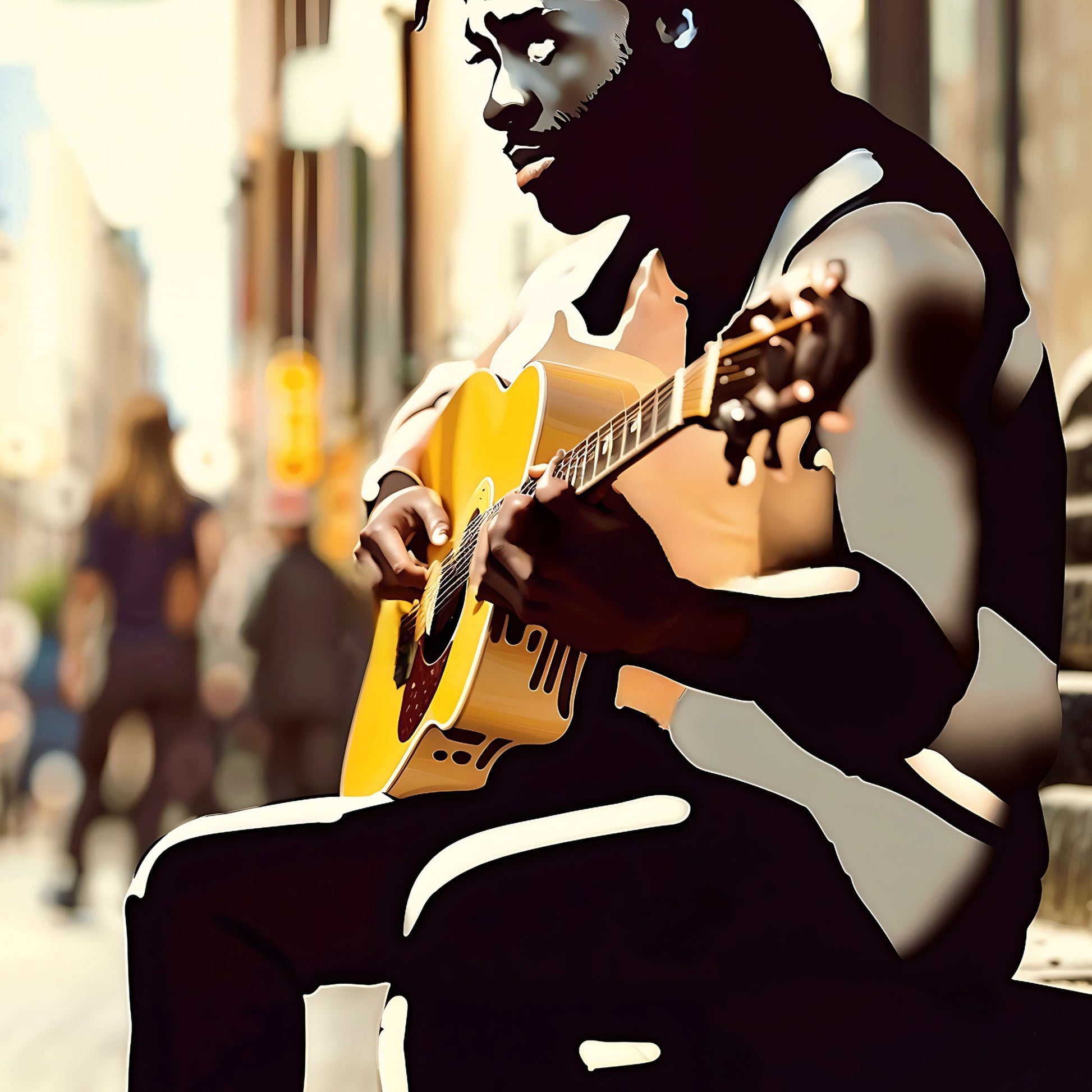 Busking Street Performers | Woman Singing with Microphone and Man Playing Acoustic Guitar | Dramatic Contrast Street Scene | Digital Art Set | 60 x 90 cm - Arts To GloryBusking Street Performers | Woman Singing with Microphone and Man Playing Acoustic Guitar | Dramatic Contrast Street Scene | Digital Art Set | 60 x 90 cmColourful ExpressionsArts To GloryDigital artwork of a male street musician playing an acoustic guitar in a high-contrast. Bold black and white outlines against a blurred urban b