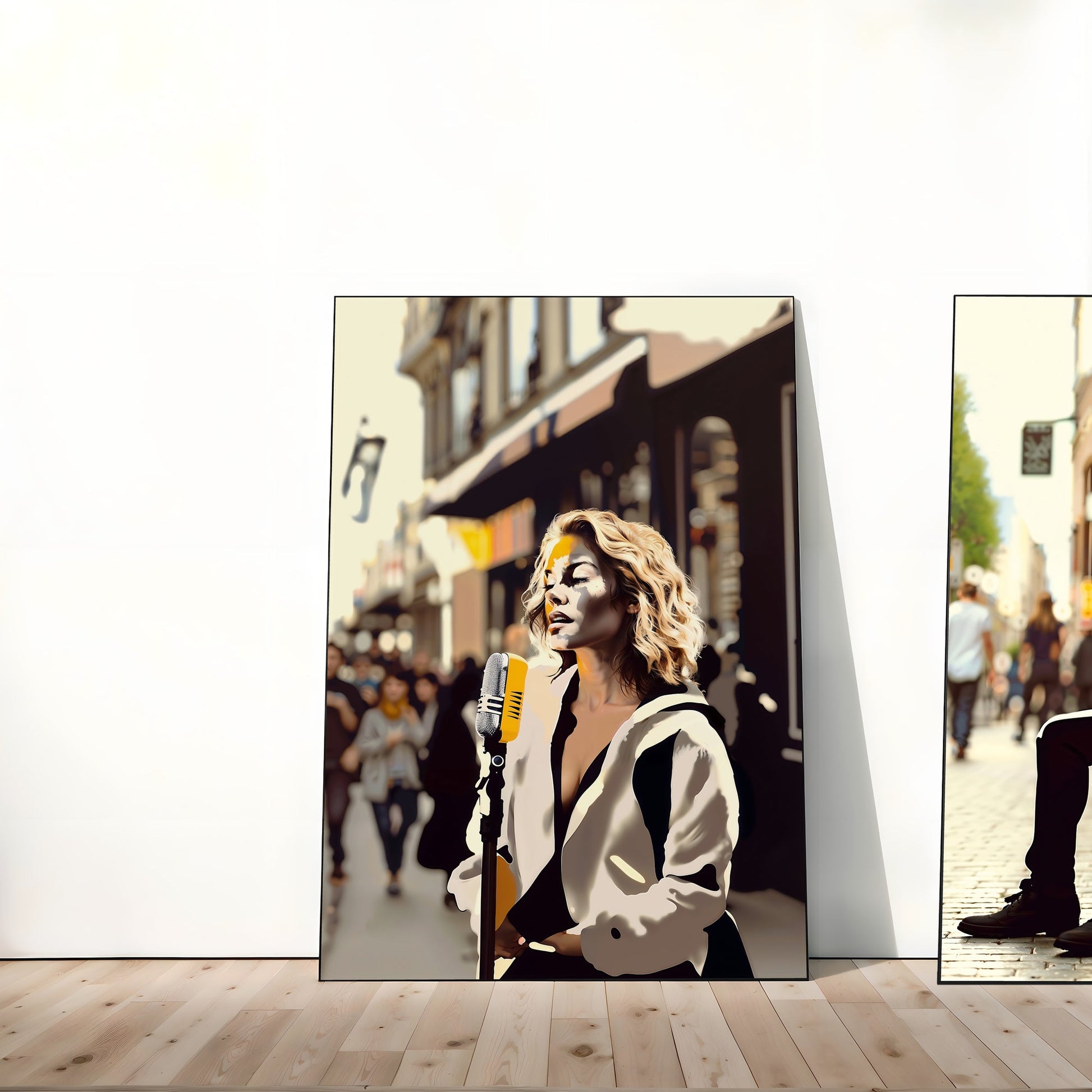 Busking Street Performers | Woman Singing with Microphone and Man Playing Acoustic Guitar | Dramatic Contrast Street Scene | Digital Art Set | 60 x 90 cm - Arts To GloryBusking Street Performers | Woman Singing with Microphone and Man Playing Acoustic Guitar | Dramatic Contrast Street Scene | Digital Art Set | 60 x 90 cmColourful ExpressionsArts To GloryA large digital print leaned against an interior wall, depicting a female singer with a microphone, embodying the vibrant street performance sce