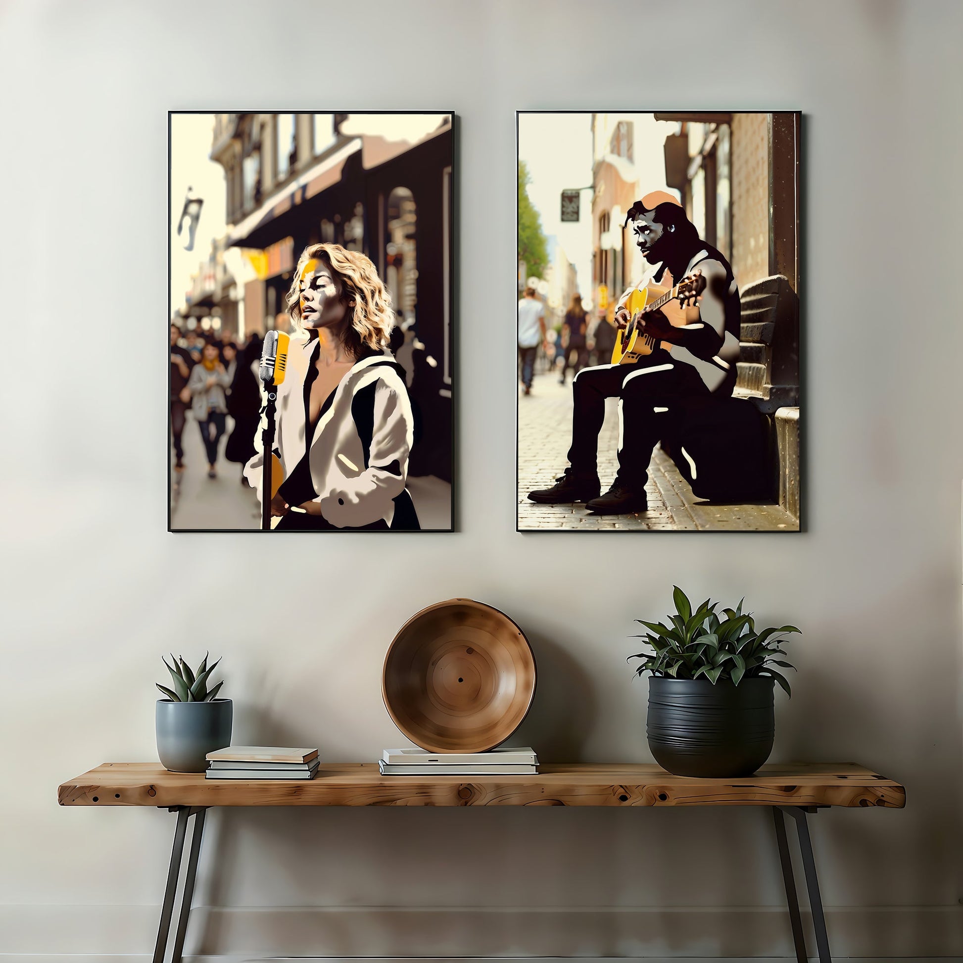 Busking Street Performers | Woman Singing with Microphone and Man Playing Acoustic Guitar | Dramatic Contrast Street Scene | Digital Art Set | 60 x 90 cm - Arts To GloryBusking Street Performers | Woman Singing with Microphone and Man Playing Acoustic Guitar | Dramatic Contrast Street Scene | Digital Art Set | 60 x 90 cmColourful ExpressionsArts To GloryElegantly framed two-piece wall art set mounted above a wooden console table, showcasing a female singer and male guitarist performing on a busy