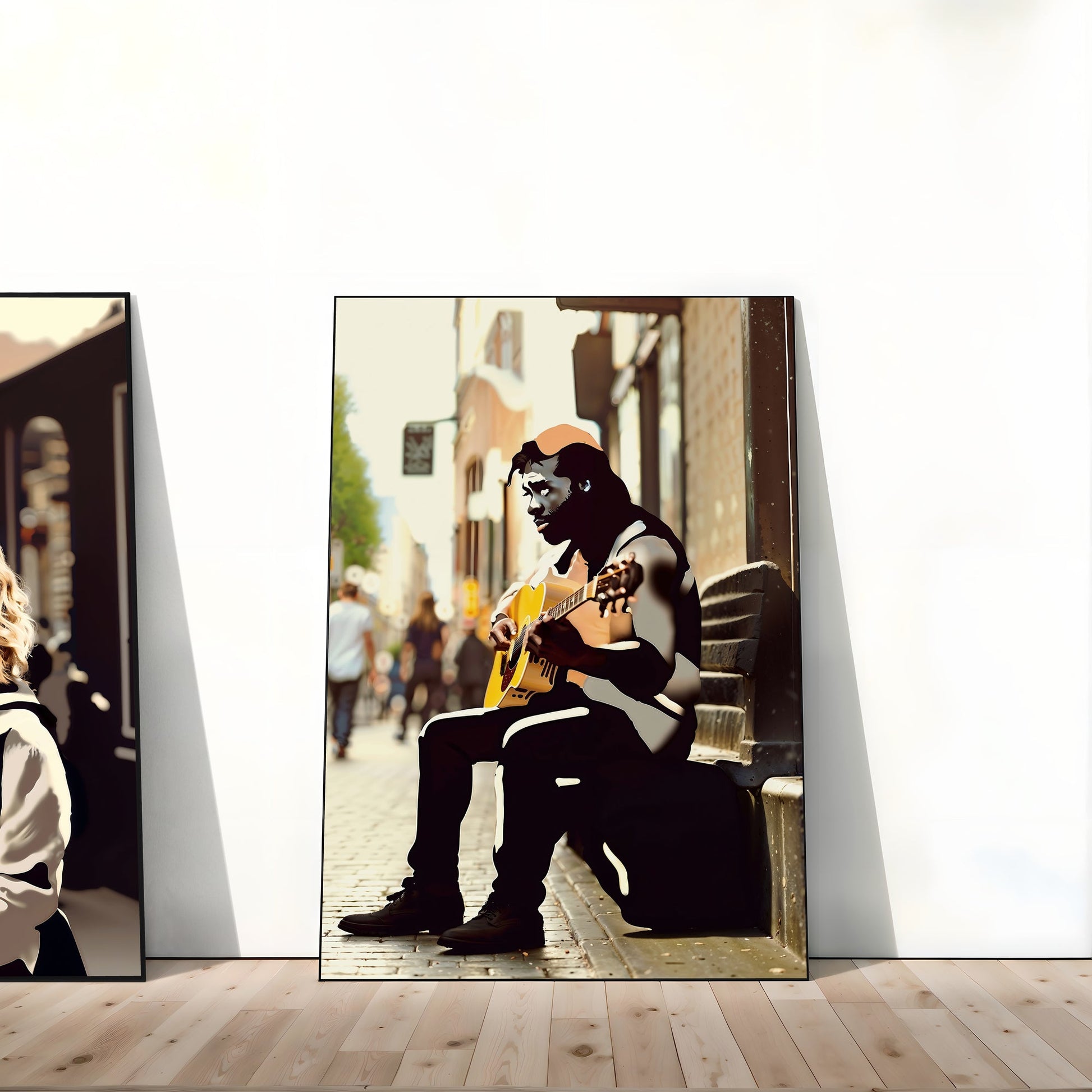 Busking Street Performers | Woman Singing with Microphone and Man Playing Acoustic Guitar | Dramatic Contrast Street Scene | Digital Art Set | 60 x 90 cm - Arts To GloryBusking Street Performers | Woman Singing with Microphone and Man Playing Acoustic Guitar | Dramatic Contrast Street Scene | Digital Art Set | 60 x 90 cmColourful ExpressionsArts To GloryAn evocative digital print placed against a wall showing a male street performer playing an acoustic guitar, set against the lively backdrop of 