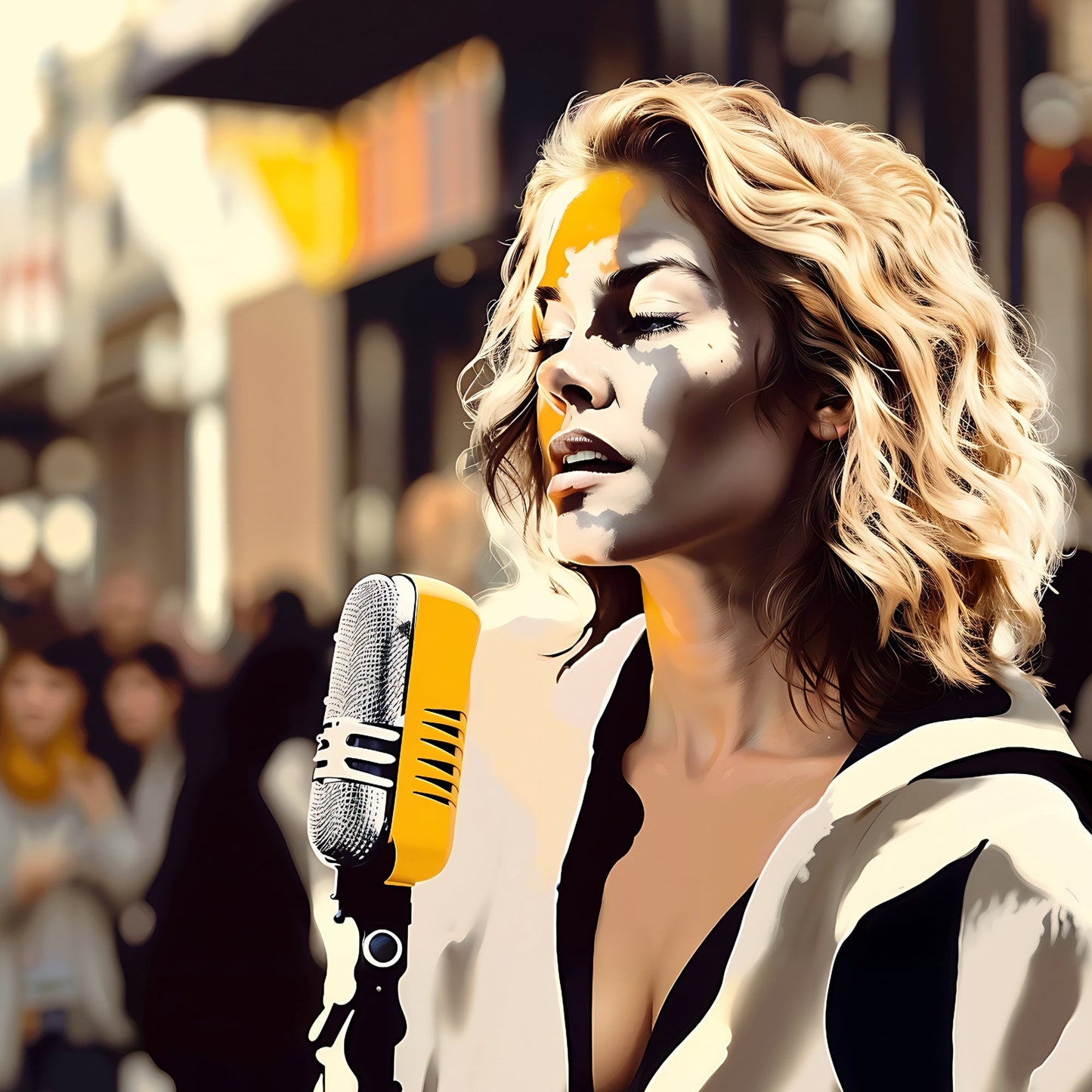 Busking Street Performers | Woman Singing with Microphone and Man Playing Acoustic Guitar | Dramatic Contrast Street Scene | Digital Art Set | 60 x 90 cm - Arts To GloryBusking Street Performers | Woman Singing with Microphone and Man Playing Acoustic Guitar | Dramatic Contrast Street Scene | Digital Art Set | 60 x 90 cmColourful ExpressionsArts To GloryClose-up of a artistic digital print female street performer singing into a retro microphone with a bustling city scene in the background, rende