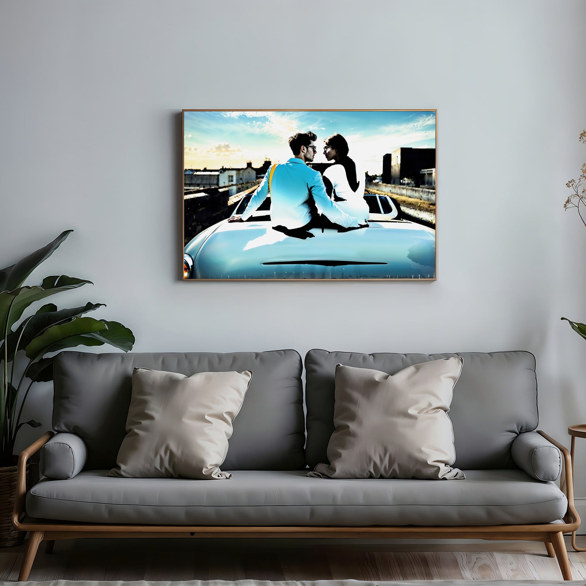 Couple on Convertible | Romantic Urban Reflection Art | Blue and White Accents | Modern Digital Art | 100 x 70 cm | Home Decor | Instant Download - Arts To GloryCouple on Convertible | Romantic Urban Reflection Art | Blue and White Accents | Modern Digital Art | 100 x 70 cm | Home Decor | Instant DownloadBlueArts To GloryFramed wall art of a romantic couple sitting on the back of a blue convertible car, displayed above a modern sofa in a stylish living room, with a city reflection in the backgro