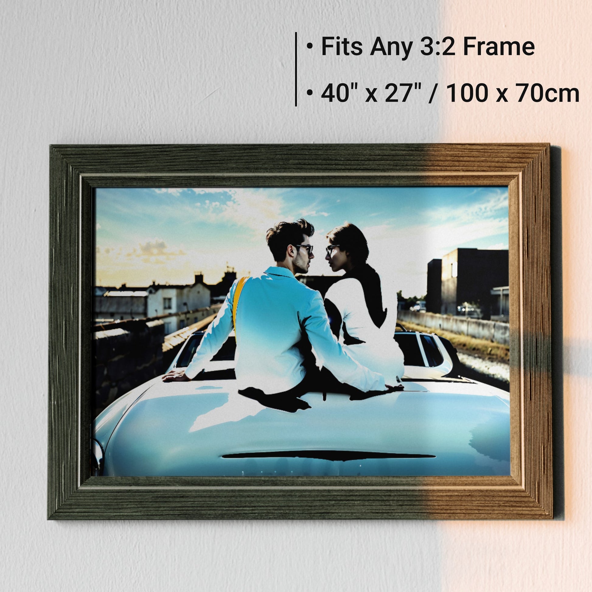 Couple on Convertible | Romantic Urban Reflection Art | Blue and White Accents | Modern Digital Art | 100 x 70 cm | Home Decor | Instant Download - Arts To GloryCouple on Convertible | Romantic Urban Reflection Art | Blue and White Accents | Modern Digital Art | 100 x 70 cm | Home Decor | Instant DownloadBlueArts To GloryFramed wall art of a romantic couple sitting on the back of a blue convertible car, featuring the text 'Fits Any 3:2 Frame' and '40" x 27" / 100 x 70 cm'.