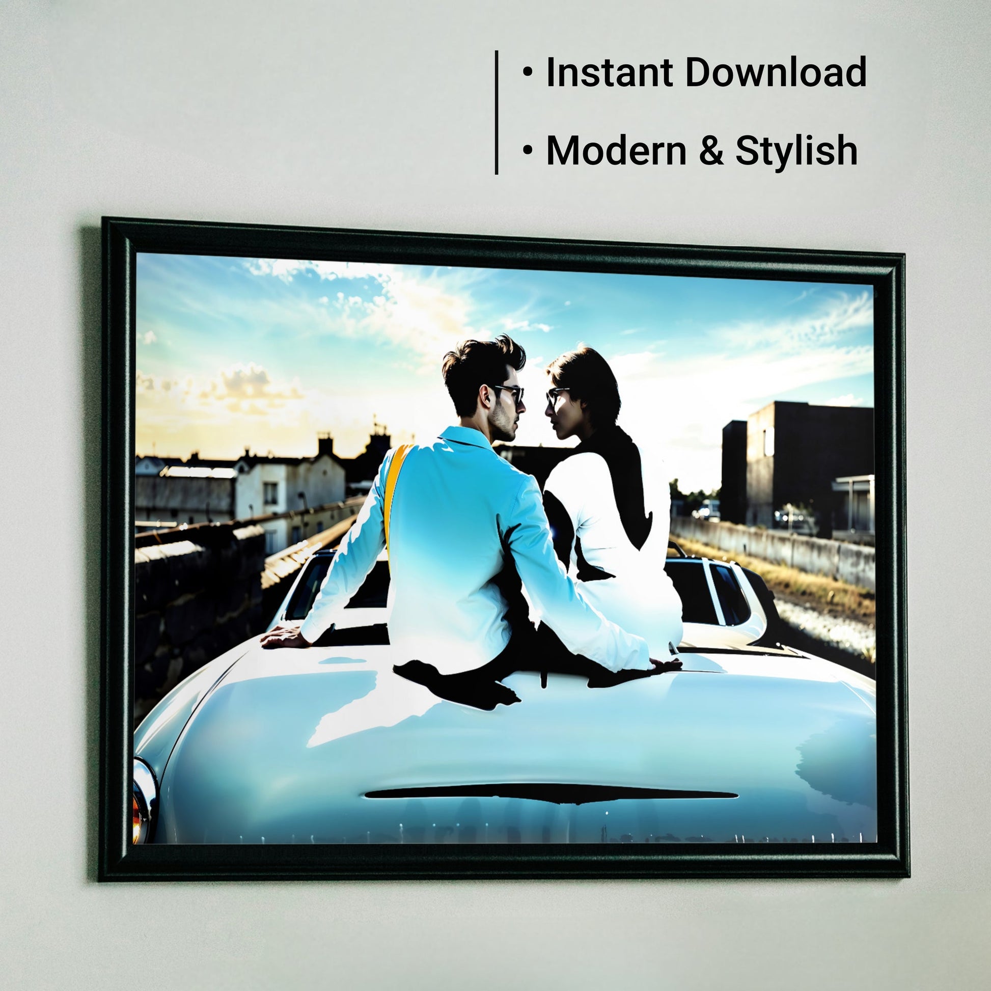 Couple on Convertible | Romantic Urban Reflection Art | Blue and White Accents | Modern Digital Art | 100 x 70 cm | Home Decor | Instant Download - Arts To GloryCouple on Convertible | Romantic Urban Reflection Art | Blue and White Accents | Modern Digital Art | 100 x 70 cm | Home Decor | Instant DownloadBlueArts To GloryFramed wall art of a romantic couple sitting on the back of a blue convertible car with a city reflection, featuring the text 'Instant Download' and 'Modern & Stylish'.