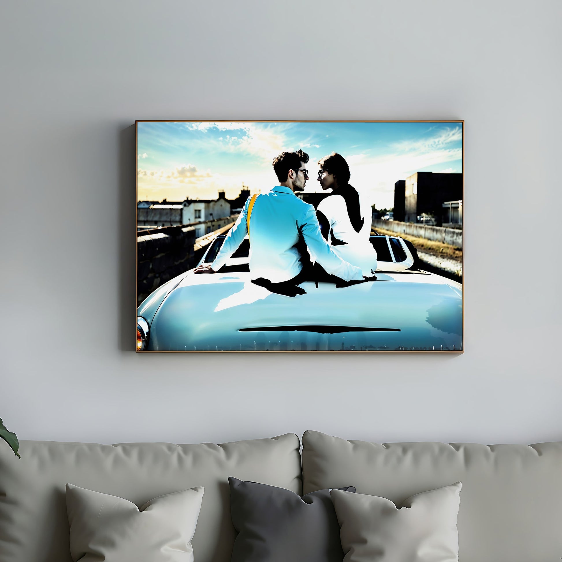 Couple on Convertible | Romantic Urban Reflection Art | Blue and White Accents | Modern Digital Art | 100 x 70 cm | Home Decor | Instant Download - Arts To GloryCouple on Convertible | Romantic Urban Reflection Art | Blue and White Accents | Modern Digital Art | 100 x 70 cm | Home Decor | Instant DownloadBlueArts To GloryFramed wall art of a romantic couple sitting on the back of a blue convertible car with a city reflection, displayed above a modern sofa.