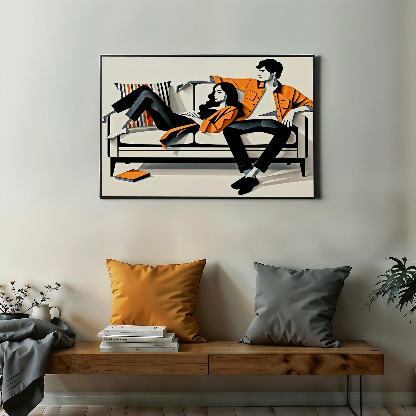 Couple on Sofa Wall Art | Modern Relaxation Illustration | Large Format Digital Print | Orange and Charcoal Hues | Stylish Home Decor | 100 x 70 cm - Arts To GloryCouple on Sofa Wall Art | Modern Relaxation Illustration | Large Format Digital Print | Orange and Charcoal Hues | Stylish Home Decor | 100 x 70 cmSimple & StrikingArts To GloryElegant wall art print illustrating a couple in orange and black attire sitting on a sofa, the striking design harmonizes with the modern home setting, sized at