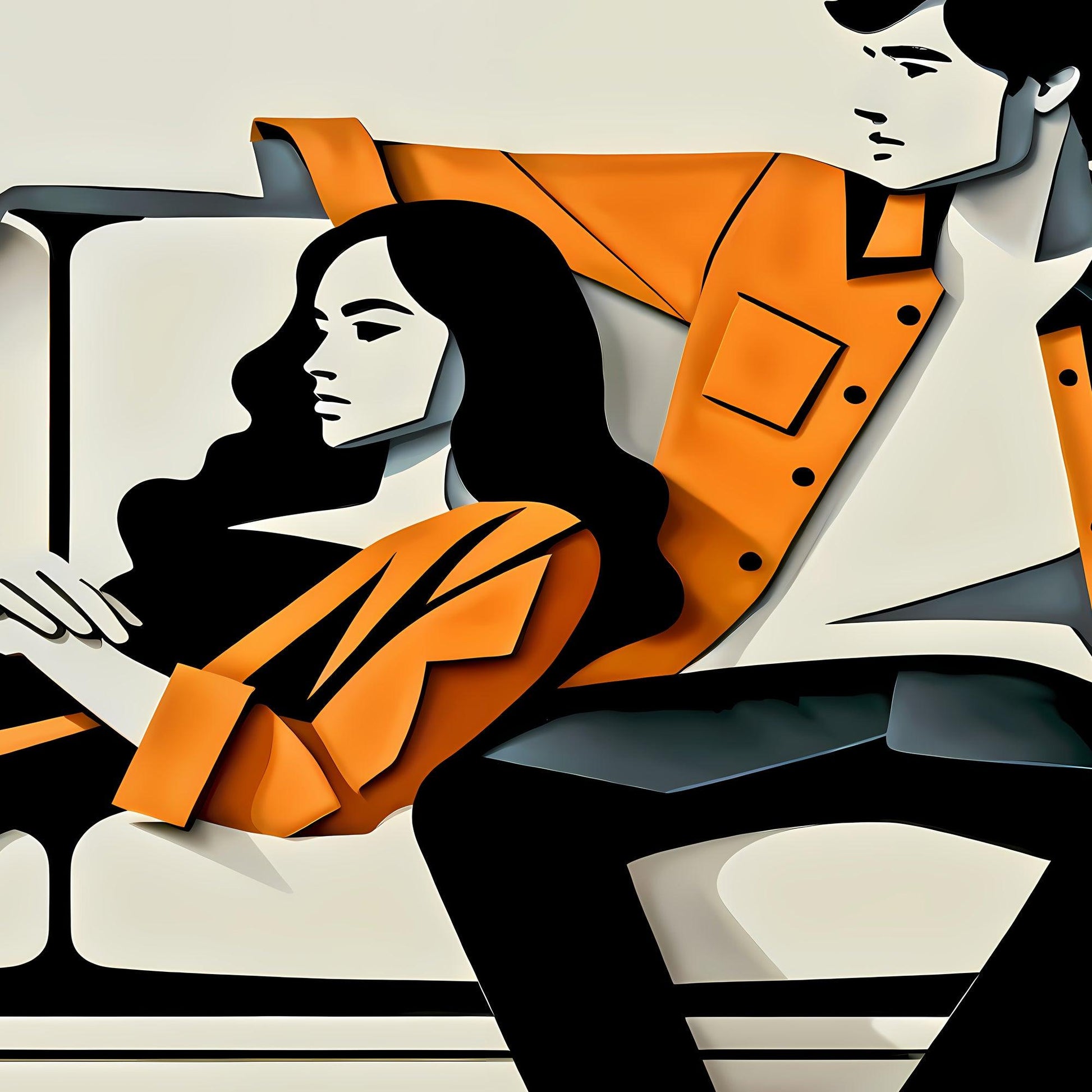 Couple on Sofa Wall Art | Modern Relaxation Illustration | Large Format Digital Print | Orange and Charcoal Hues | Stylish Home Decor | 100 x 70 cm - Arts To GloryCouple on Sofa Wall Art | Modern Relaxation Illustration | Large Format Digital Print | Orange and Charcoal Hues | Stylish Home Decor | 100 x 70 cmSimple & StrikingArts To GloryStylized vector illustration of a woman in a striking orange jacket seated beside a man in a matching outfit, portrayed in a layered paper cut-out aesthetic.