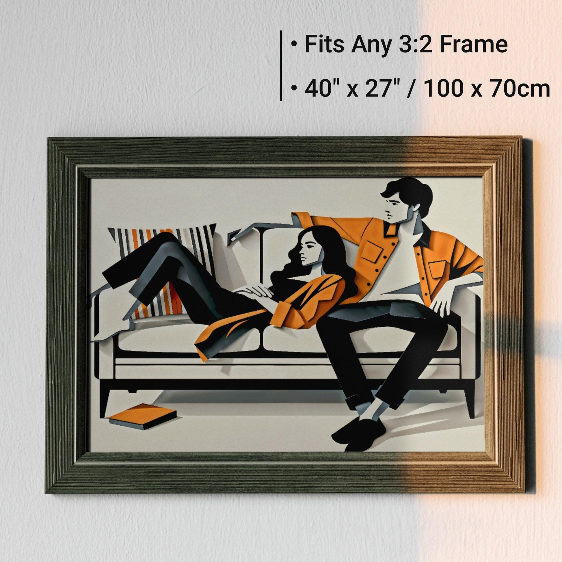 Couple on Sofa Wall Art | Modern Relaxation Illustration | Large Format Digital Print | Orange and Charcoal Hues | Stylish Home Decor | 100 x 70 cm - Arts To GloryCouple on Sofa Wall Art | Modern Relaxation Illustration | Large Format Digital Print | Orange and Charcoal Hues | Stylish Home Decor | 100 x 70 cmSimple & StrikingArts To GloryFashionable art print of a relaxed couple on a sofa, rendered in a minimalist style with orange and grey tones, sized 40x27 inches to fit any 3:2 frame, perfect