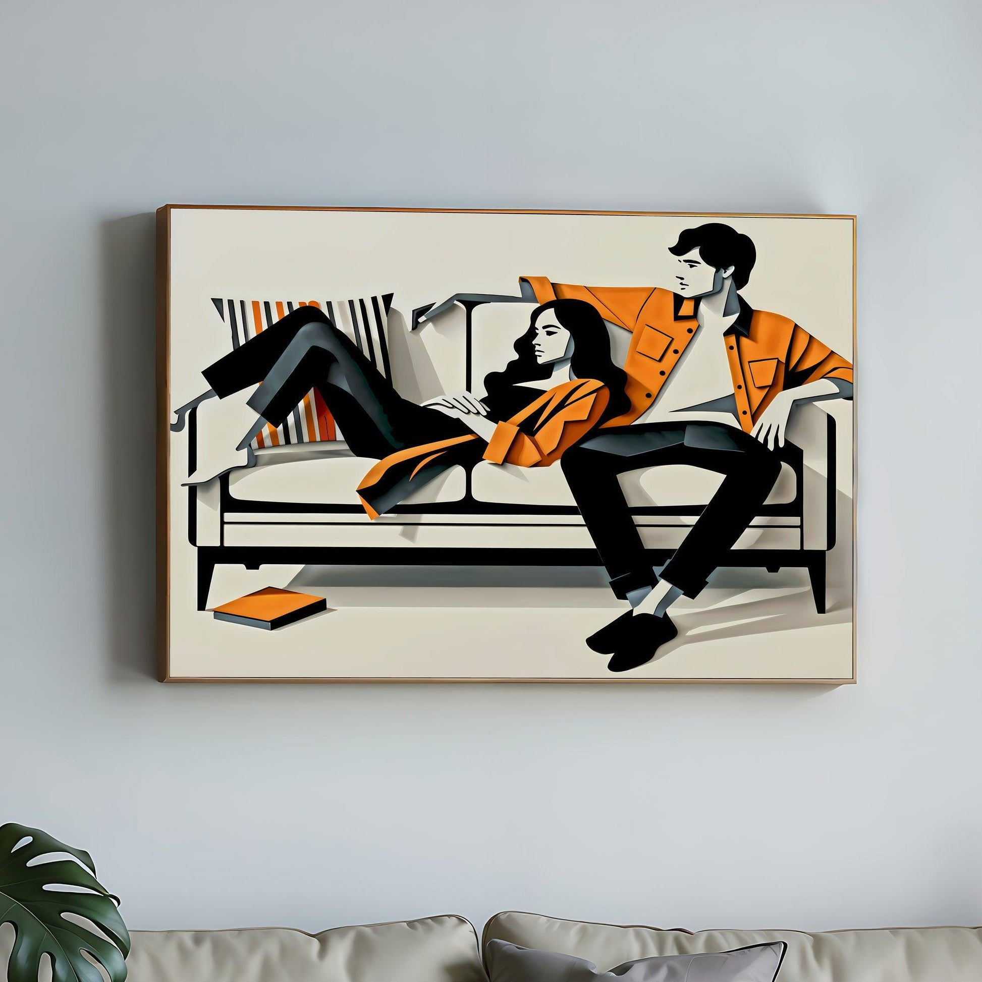 Couple on Sofa Wall Art | Modern Relaxation Illustration | Large Format Digital Print | Orange and Charcoal Hues | Stylish Home Decor | 100 x 70 cm - Arts To GloryCouple on Sofa Wall Art | Modern Relaxation Illustration | Large Format Digital Print | Orange and Charcoal Hues | Stylish Home Decor | 100 x 70 cmSimple & StrikingArts To GloryModern minimalist artwork of a couple lounging on a sofa in coordinated orange outfits