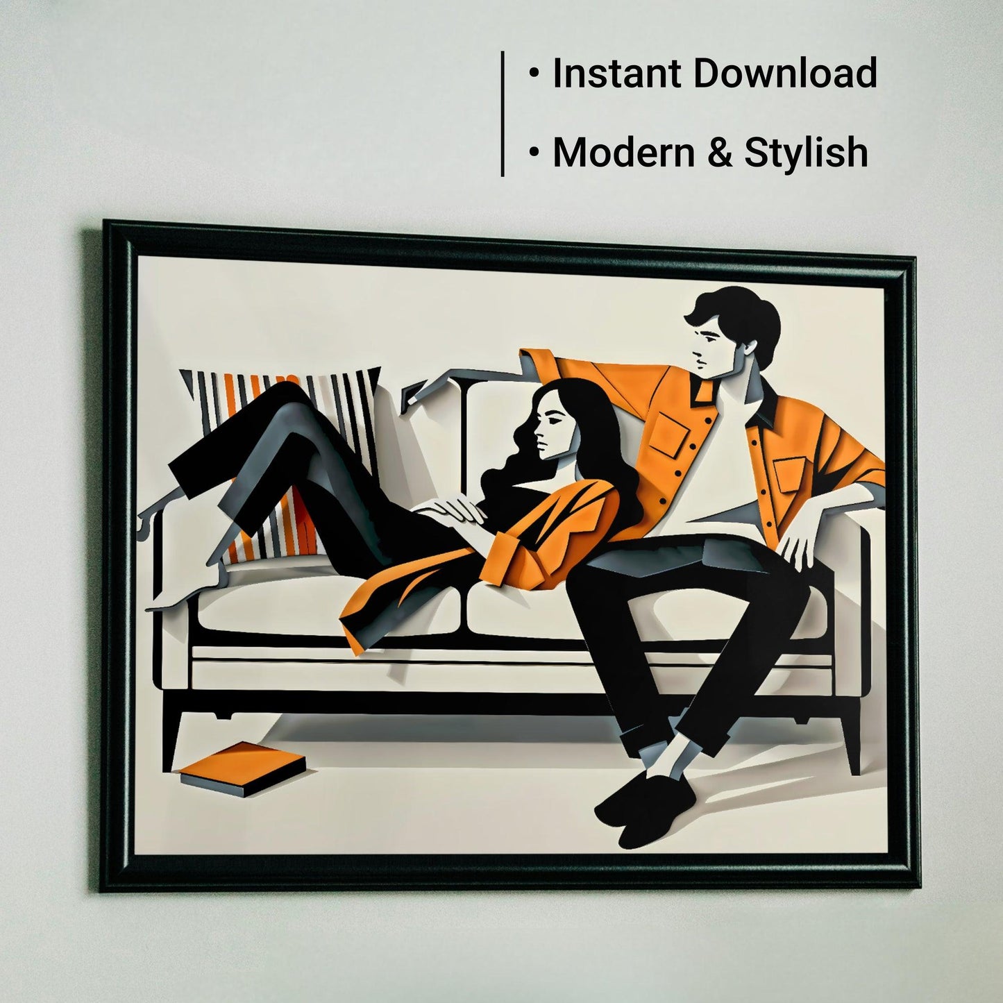 Couple on Sofa Wall Art | Modern Relaxation Illustration | Large Format Digital Print | Orange and Charcoal Hues | Stylish Home Decor | 100 x 70 cm - Arts To GloryCouple on Sofa Wall Art | Modern Relaxation Illustration | Large Format Digital Print | Orange and Charcoal Hues | Stylish Home Decor | 100 x 70 cmSimple & StrikingArts To GloryInstant download of a framed modern and stylish art print featuring a couple lounging comfortably on a couch, depicted in a chic monochrome palette with vibrant