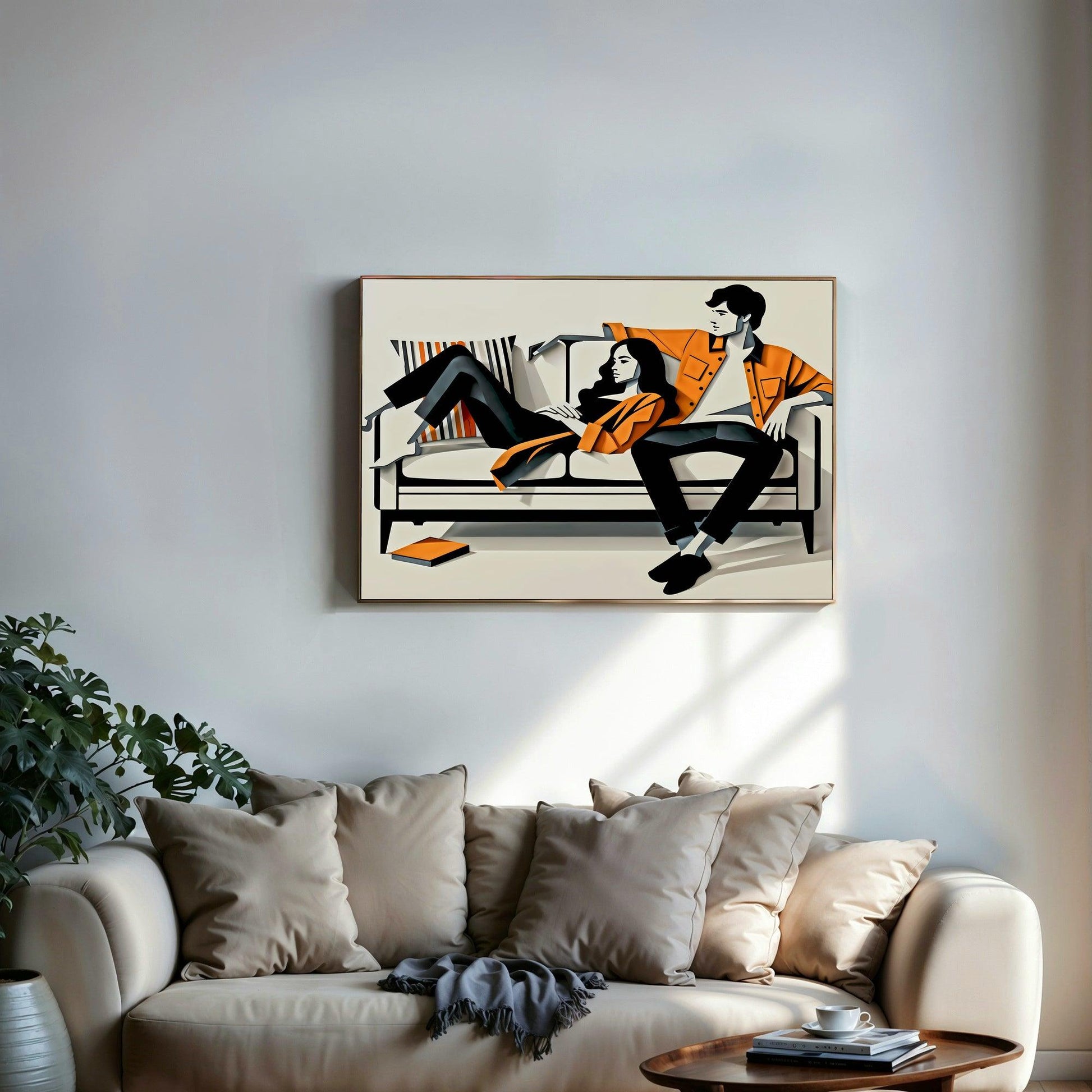 Couple on Sofa Wall Art | Modern Relaxation Illustration | Large Format Digital Print | Orange and Charcoal Hues | Stylish Home Decor | 100 x 70 cm - Arts To GloryCouple on Sofa Wall Art | Modern Relaxation Illustration | Large Format Digital Print | Orange and Charcoal Hues | Stylish Home Decor | 100 x 70 cmSimple & StrikingArts To GloryContemporary canvas print featuring a relaxed couple in striking orange attire on a minimalist sofa