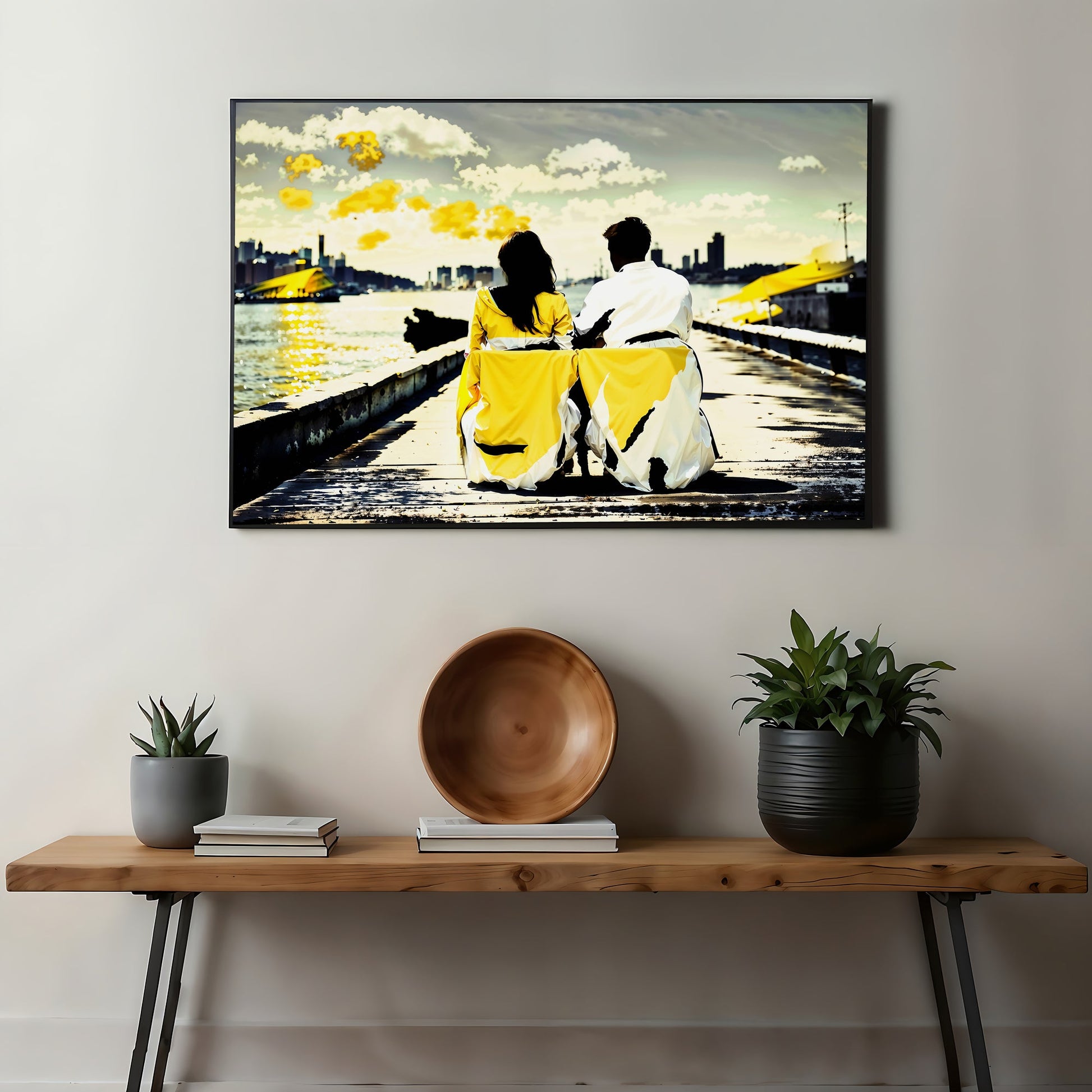 Couple Sitting on Harbour Wall Art | Relaxing by a Dock | Yellow and Black Decor | Home Decor | Digital Download | 100 x 70 cm - Arts To GloryCouple Sitting on Harbour Wall Art | Relaxing by a Dock | Yellow and Black Decor | Home Decor | Digital Download | 100 x 70 cmColourful ExpressionsArts To GloryCouple Sitting on Harbour Wall Art Displayed Above Console Table - Yellow and Black Decor, 40 x 27 inches