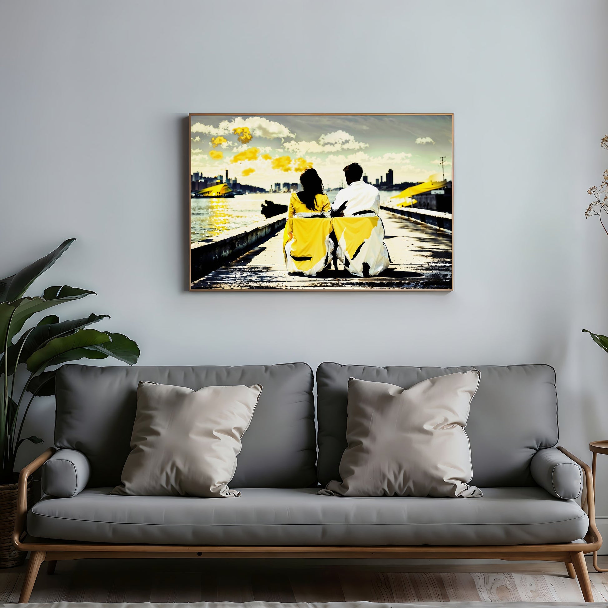 Couple Sitting on Harbour Wall Art | Relaxing by a Dock | Yellow and Black Decor | Home Decor | Digital Download | 100 x 70 cm - Arts To GloryCouple Sitting on Harbour Wall Art | Relaxing by a Dock | Yellow and Black Decor | Home Decor | Digital Download | 100 x 70 cmColourful ExpressionsArts To GloryCouple Sitting on Harbour Wall Art Displayed Above Sofa - Yellow and Black Decor, 40 x 27 inches