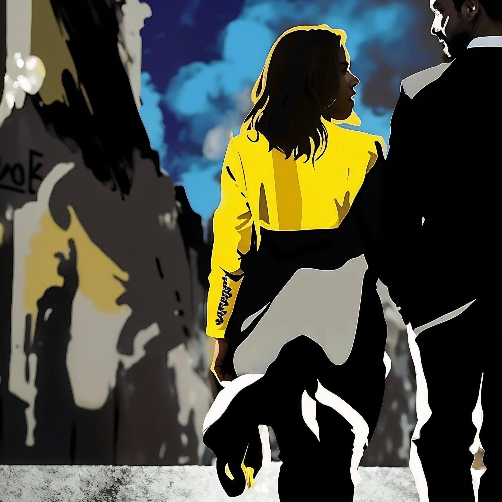 Couple Walking Through Town | Nightlife Wall Art | Bold Contrast of Shadows with Yellow & Blue Highlights | Digital Download | 100 x 70 cm | Wide Digital Format - Arts To GloryCouple Walking Through Town | Nightlife Wall Art | Bold Contrast of Shadows with Yellow & Blue Highlights | Digital Download | 100 x 70 cm | Wide Digital FormatColourful ExpressionsArts To GloryClose-up view of digital art featuring a woman in a yellow dress and a man in silhouette against a stylised urban backdrop, highli