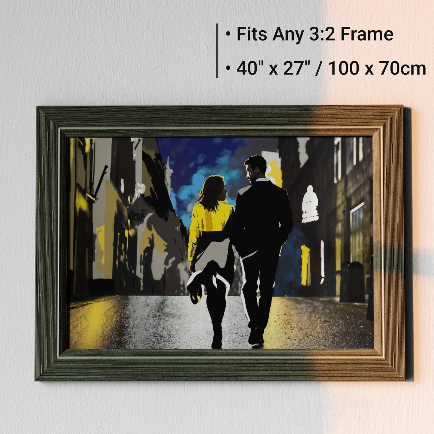 Couple Walking Through Town | Nightlife Wall Art | Bold Contrast of Shadows with Yellow & Blue Highlights | Digital Download | 100 x 70 cm | Wide Digital Format - Arts To GloryCouple Walking Through Town | Nightlife Wall Art | Bold Contrast of Shadows with Yellow & Blue Highlights | Digital Download | 100 x 70 cm | Wide Digital FormatColourful ExpressionsArts To GloryDigital art print displayed in a textured frame, suitable for any 3:2 frame, dimensions stated as 40 x 27 inch or 100 x 70cm, agai