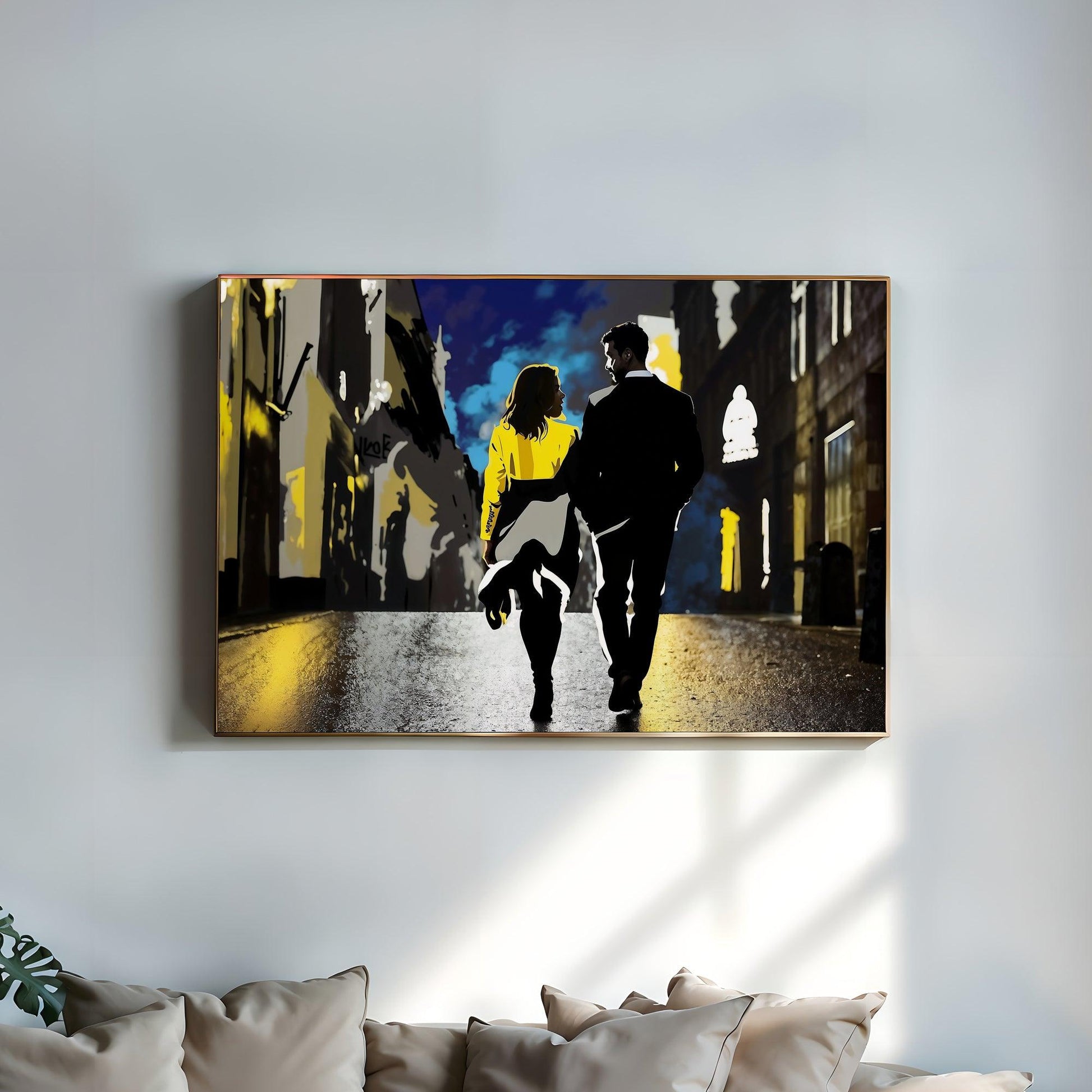 Couple Walking Through Town | Nightlife Wall Art | Bold Contrast of Shadows with Yellow & Blue Highlights | Digital Download | 100 x 70 cm | Wide Digital Format - Arts To GloryCouple Walking Through Town | Nightlife Wall Art | Bold Contrast of Shadows with Yellow & Blue Highlights | Digital Download | 100 x 70 cm | Wide Digital FormatColourful ExpressionsArts To GloryModern digital art canvas of a couple walking through a vibrant urban alleyway, with the woman in a yellow dress and the man in si