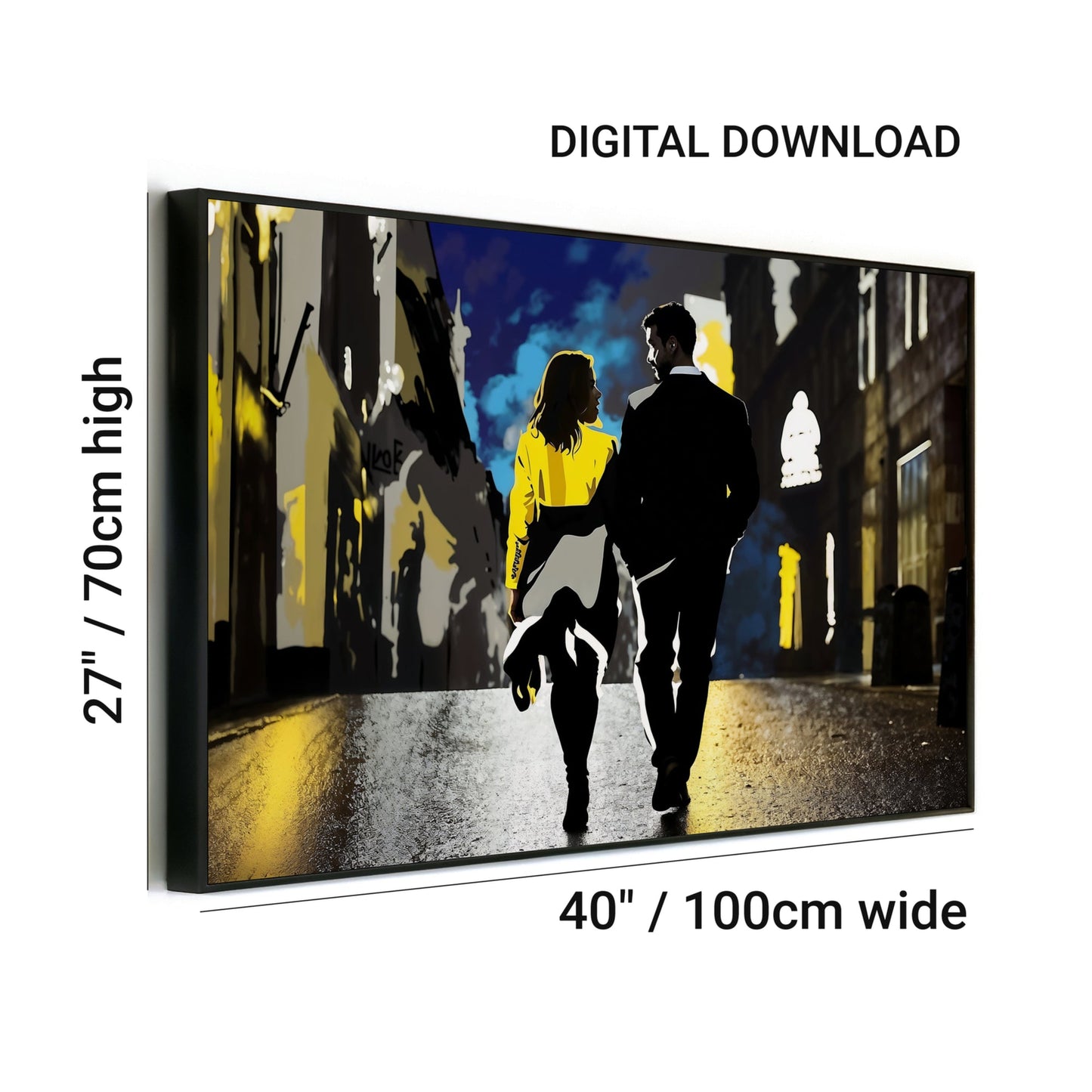 Couple Walking Through Town | Nightlife Wall Art | Bold Contrast of Shadows with Yellow & Blue Highlights | Digital Download | 100 x 70 cm - Arts To GloryCouple Walking Through Town | Nightlife Wall Art | Bold Contrast of Shadows with Yellow & Blue Highlights | Digital Download | 100 x 70 cmBlueArts To GloryCouple Walking Through Town | Nightlife Wall Art | Bold Contrast of Shadows with Yellow & Blue Highlights | Digital Download | 100 x 70 cm | Wide Digital Format - Arts To GloryCouple Walking 