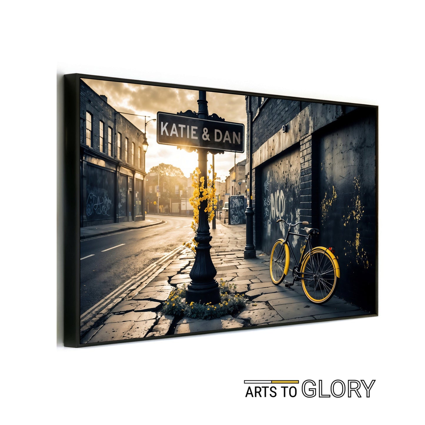 Customisable Street Sign | Urban Scene with Yellow Accents | Personalised Art Print | 100 x 70 cm | Home Décor - Arts To GloryCustomisable Street Sign | Urban Scene with Yellow Accents | Personalised Art Print | 100 x 70 cm | Home DécorPersonalised/CustomArts To GloryCustomisable street sign art in an urban scene with yellow accents, featuring a bicycle and flowers, with Katie and Dan, displayed with Arts to Glory branding.