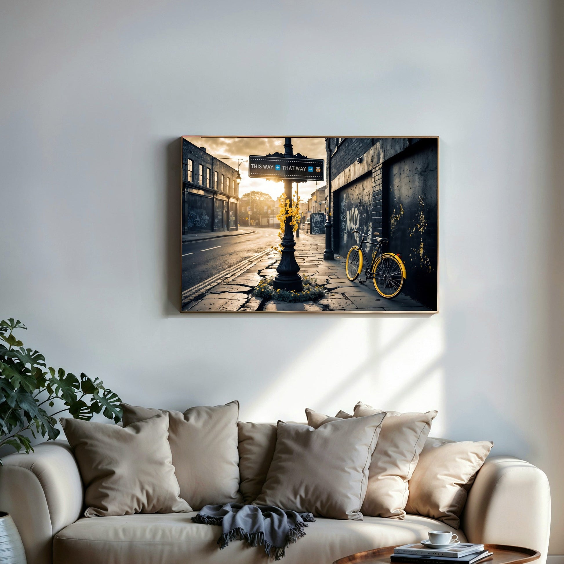 Customisable Street Sign | Urban Scene with Yellow Accents | Personalised Art Print | 100 x 70 cm | Home Décor - Arts To GloryCustomisable Street Sign | Urban Scene with Yellow Accents | Personalised Art Print | 100 x 70 cm | Home DécorPersonalised/CustomArts To GloryCustomisable street sign art in an urban scene with yellow accents, featuring a bicycle and flowers, with this way that way text, displayed on a wall in a living room setting.