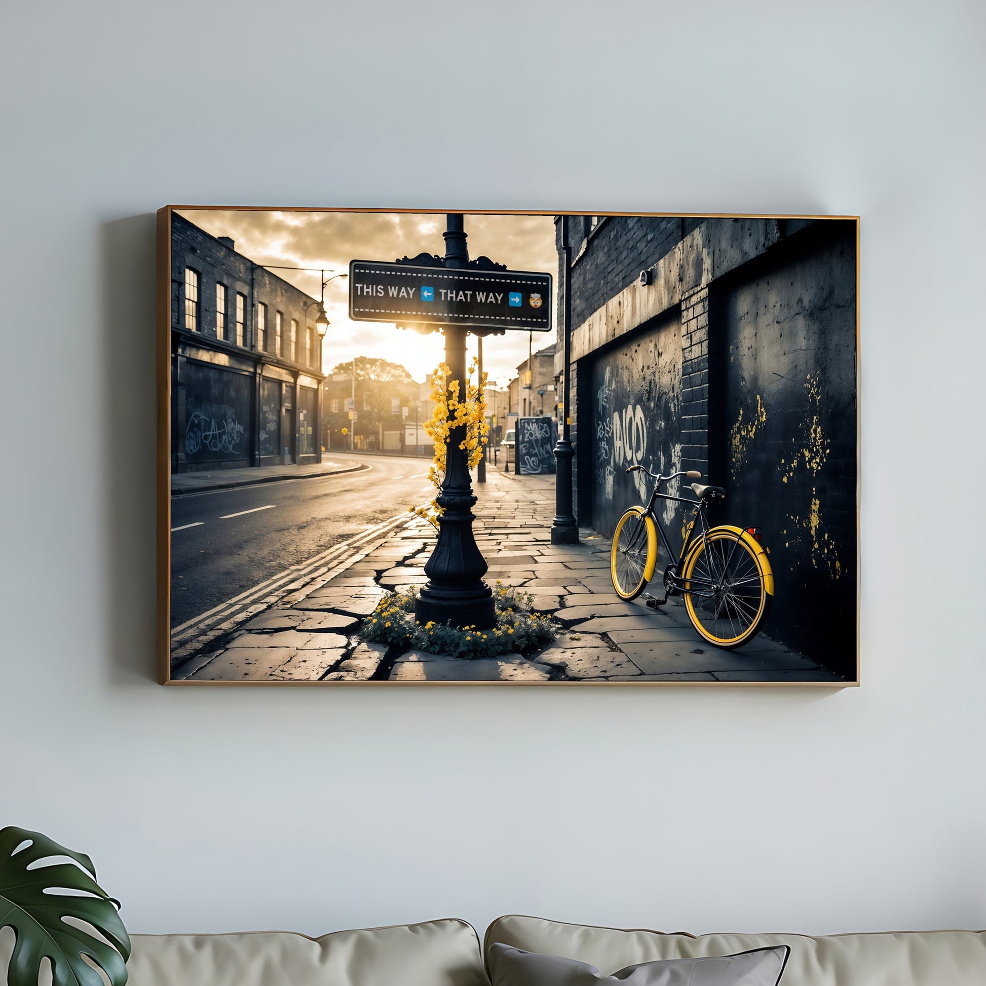 Customisable Street Sign | Urban Scene with Yellow Accents | Personalised Art Print | 100 x 70 cm | Home Décor - Arts To GloryCustomisable Street Sign | Urban Scene with Yellow Accents | Personalised Art Print | 100 x 70 cm | Home DécorPersonalised/CustomArts To GloryCustomisable street sign art in an urban scene with yellow accents, featuring a bicycle and flowers, displayed on a wall.