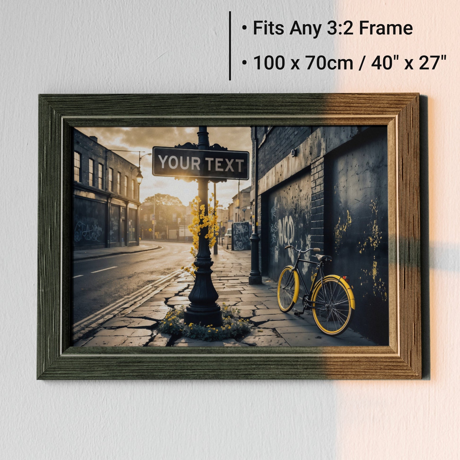 Customisable Street Sign | Urban Scene with Yellow Accents | Personalised Art Print | 100 x 70 cm | Home Décor - Arts To GloryCustomisable Street Sign | Urban Scene with Yellow Accents | Personalised Art Print | 100 x 70 cm | Home DécorPersonalised/CustomArts To GloryCustomisable street sign art in an urban scene with yellow accents, featuring a bicycle and flowers, with Your Text text, displayed in a frame with size and frame compatibility information.