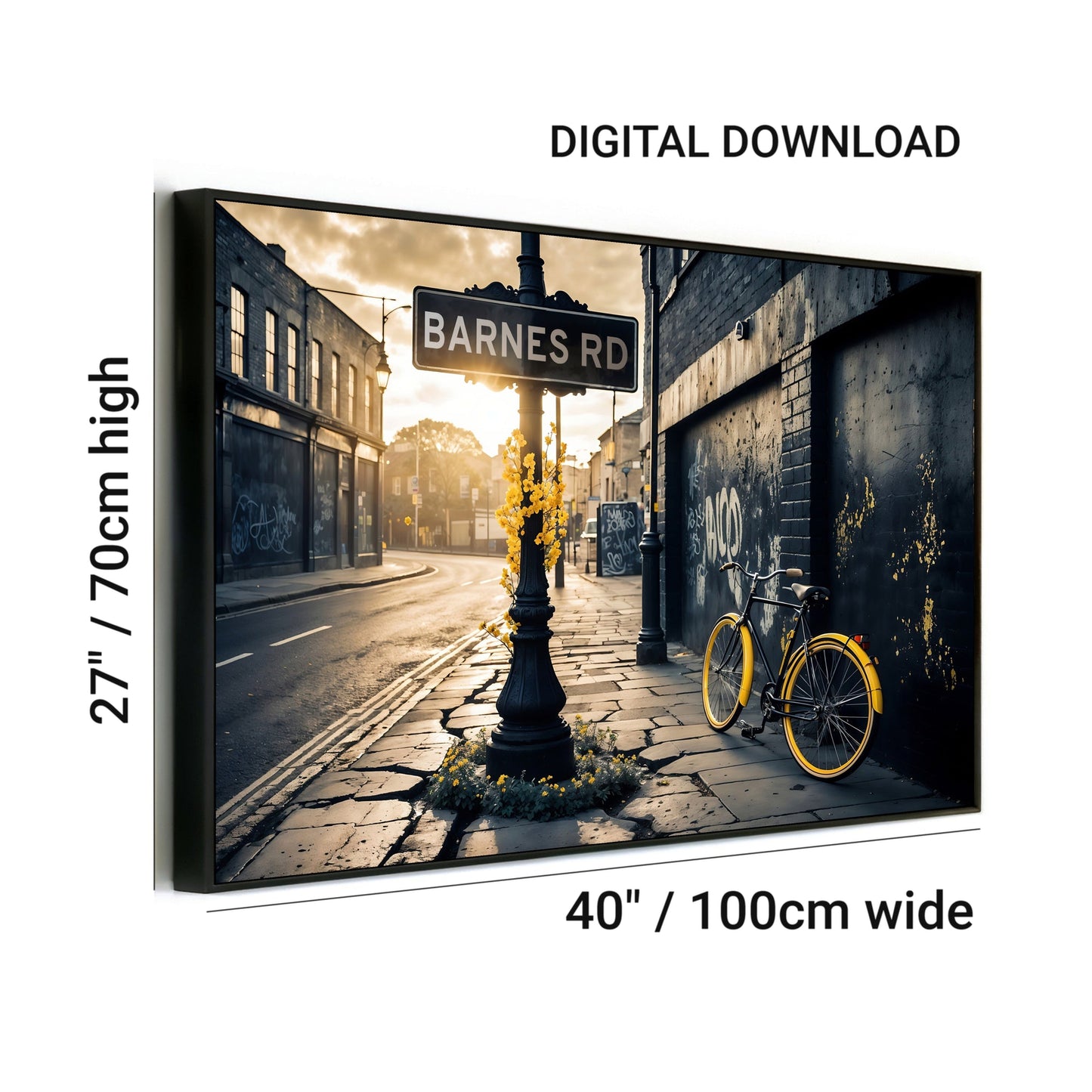 Customisable Street Sign | Urban Scene with Yellow Accents | Personalised Art Print | 100 x 70 cm | Home Décor - Arts To GloryCustomisable Street Sign | Urban Scene with Yellow Accents | Personalised Art Print | 100 x 70 cm | Home DécorPersonalised/CustomArts To GloryCustomisable street sign art in an urban scene with yellow accents, featuring a bicycle and flowers, displayed with dimensions for digital download.