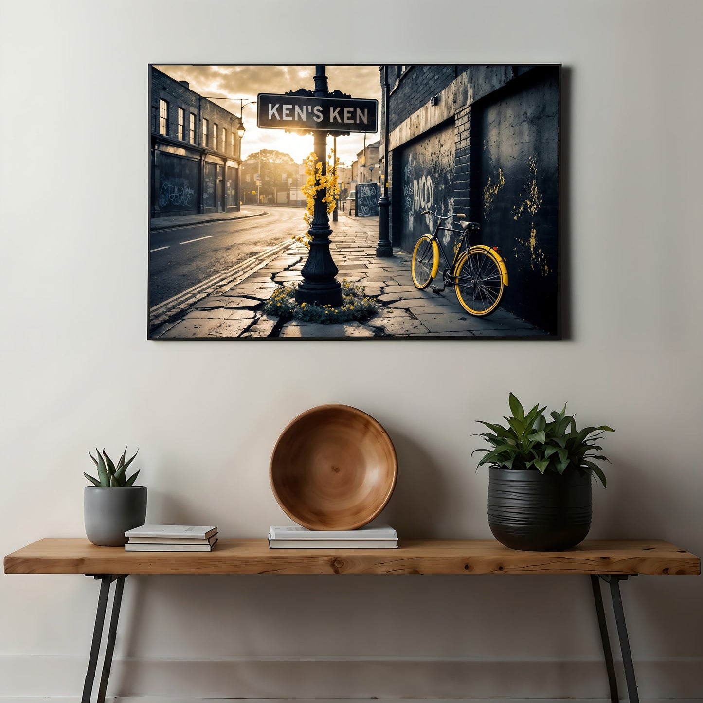 Customisable Street Sign | Urban Scene with Yellow Accents | Personalised Art Print | 100 x 70 cm | Home Décor - Arts To GloryCustomisable Street Sign | Urban Scene with Yellow Accents | Personalised Art Print | 100 x 70 cm | Home DécorPersonalised/CustomArts To GloryCustomisable street sign art in an urban scene with yellow accents, featuring a bicycle and flowers, displayed on a wall above a bench with pillows and books.