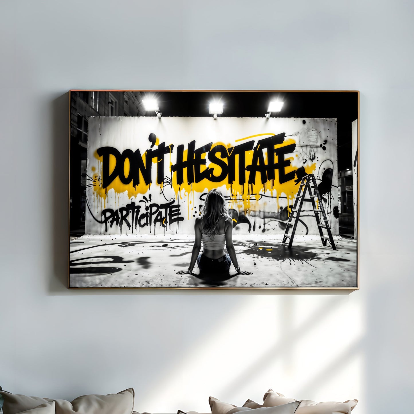 Don't Hesitate | Urban Graffiti Motivation | Black and Yellow Accents | Modern Digital Art | 100 x 70 cm | Home Décor - Arts To GloryDon't Hesitate | Urban Graffiti Motivation | Black and Yellow Accents | Modern Digital Art | 100 x 70 cm | Home DécorTextual NarrativesArts To GloryFramed digital print of graffiti art titled 'Don't Hesitate' with bold black and yellow text, featuring a woman sitting in front. The artwork fits any 3:2 frame and measures 100 x 70 cm (40 x 27 inches).