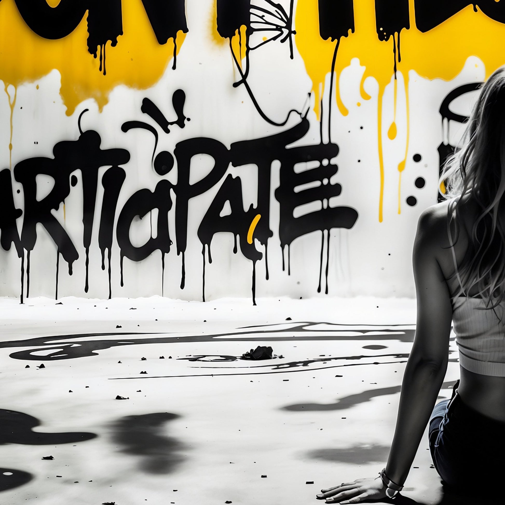 Don't Hesitate | Urban Graffiti Motivation | Black and Yellow Accents | Modern Digital Art | 100 x 70 cm | Home Décor - Arts To GloryDon't Hesitate | Urban Graffiti Motivation | Black and Yellow Accents | Modern Digital Art | 100 x 70 cm | Home DécorTextual NarrativesArts To GloryClose - up detail of graffiti art titled 'Don't Hesitate' highlighting the word 'Participate' in bold black and yellow text. Partial view of a woman sitting in front of the artwork. Digital art print by Arts to Glory, 1