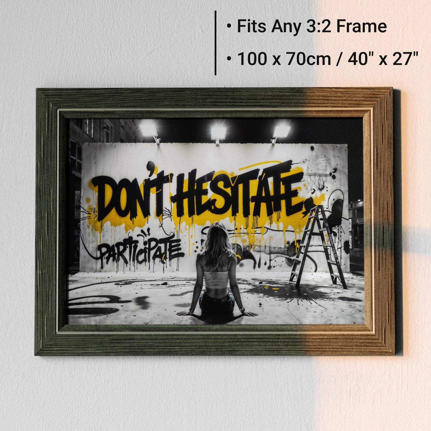 Don't Hesitate | Urban Graffiti Motivation | Black and Yellow Accents | Modern Digital Art | 100 x 70 cm | Home Décor - Arts To GloryDon't Hesitate | Urban Graffiti Motivation | Black and Yellow Accents | Modern Digital Art | 100 x 70 cm | Home DécorTextual NarrativesArts To GloryModern graffiti art titled 'Don't Hesitate' with bold black and yellow text, featuring a woman sitting in front. The artwork is framed and highlighted as an instant download, emphasizing its modern and stylish appeal. D