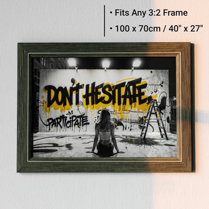 Don't Hesitate | Urban Graffiti Motivation | Black and Yellow Accents | Modern Digital Art | 100 x 70 cm | Home Décor - Arts To GloryDon't Hesitate | Urban Graffiti Motivation | Black and Yellow Accents | Modern Digital Art | 100 x 70 cm | Home DécorTextual NarrativesArts To GloryModern graffiti art titled 'Don't Hesitate' with bold black and yellow text, featuring a woman sitting in front. The artwork is framed and highlighted as an instant download, emphasizing its modern and stylish appeal. D