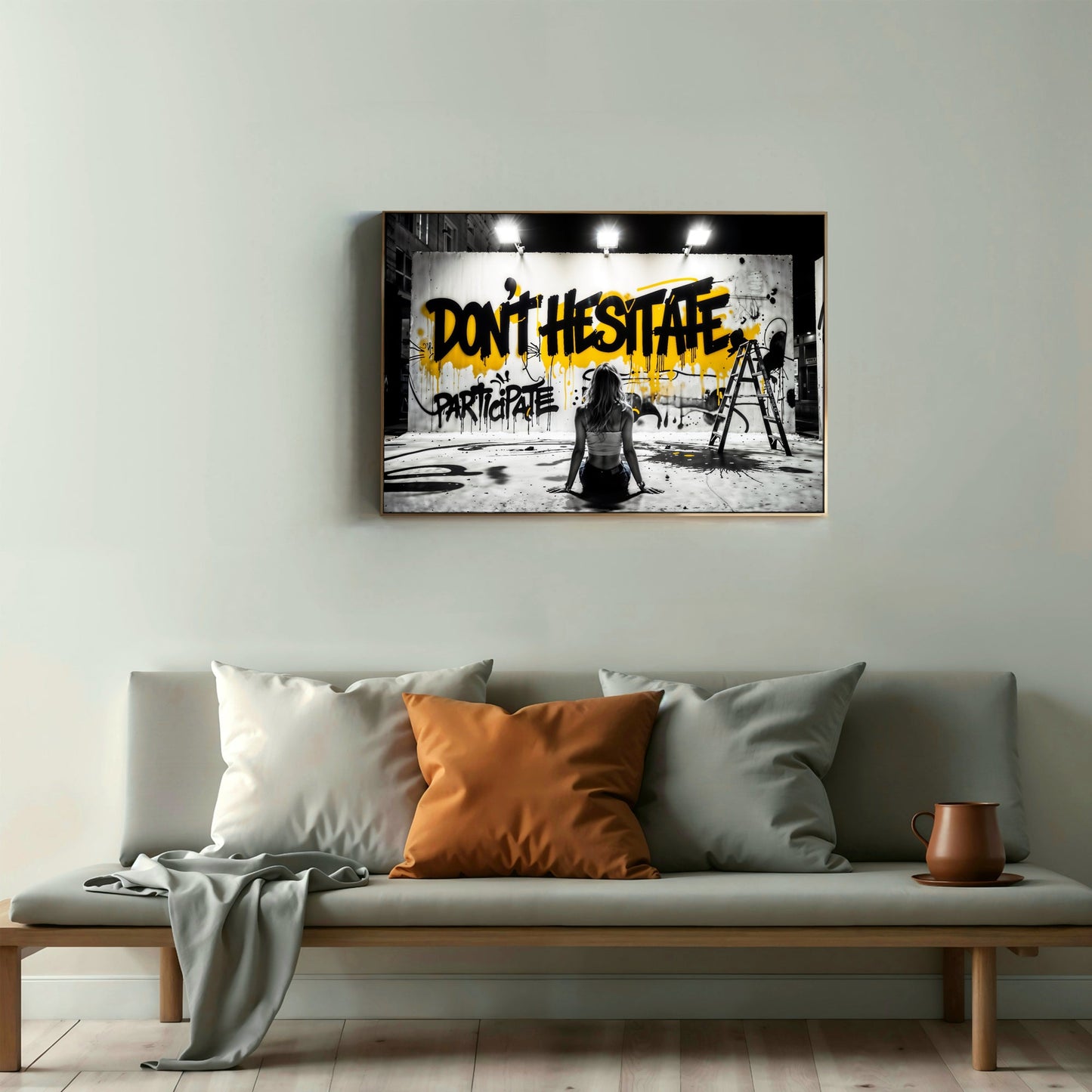 Don't Hesitate | Urban Graffiti Motivation | Black and Yellow Accents | Modern Digital Art | 100 x 70 cm | Home Décor - Arts To GloryDon't Hesitate | Urban Graffiti Motivation | Black and Yellow Accents | Modern Digital Art | 100 x 70 cm | Home DécorTextual NarrativesArts To GloryFramed digital print of graffiti art titled 'Don't Hesitate' with bold black and yellow text, featuring a woman sitting in front. The artwork fits any 3:2 frame and measures 100 x 70 cm (40 x 27 inches).