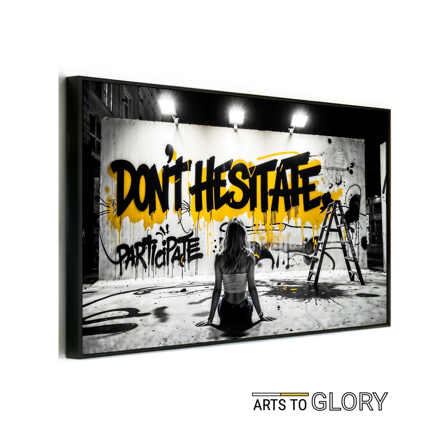 Don't Hesitate | Urban Graffiti Motivation | Black and Yellow Accents | Modern Digital Art | 100 x 70 cm | Home Décor - Arts To GloryDon't Hesitate | Urban Graffiti Motivation | Black and Yellow Accents | Modern Digital Art | 100 x 70 cm | Home DécorTextual NarrativesArts To GloryUrban graffiti art piece titled 'Don't Hesitate' with black text and yellow accents, featuring a woman sitting in front of the artwork at night. Framed digital art print, 100 x 70 cm, by Arts to Glory.