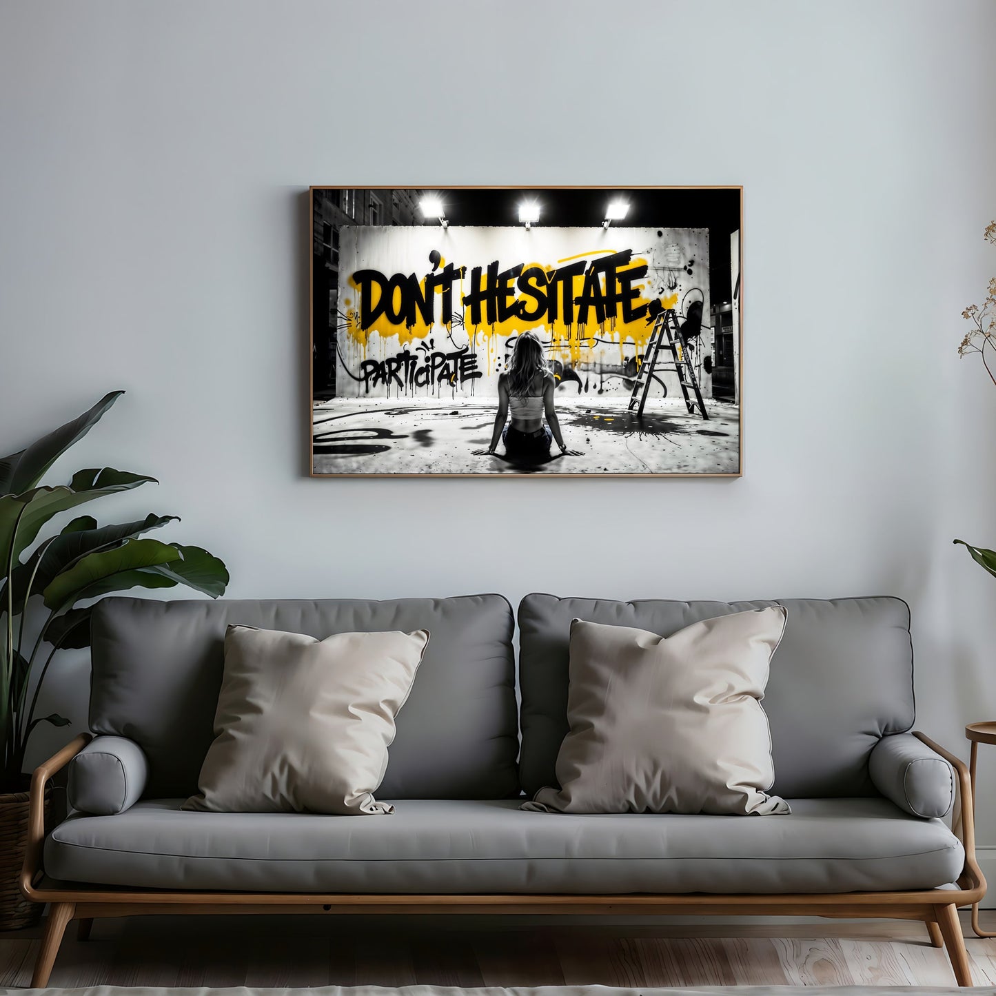 Don't Hesitate | Urban Graffiti Motivation | Black and Yellow Accents | Modern Digital Art | 100 x 70 cm | Home Décor - Arts To GloryDon't Hesitate | Urban Graffiti Motivation | Black and Yellow Accents | Modern Digital Art | 100 x 70 cm | Home DécorTextual NarrativesArts To GloryModern graffiti art titled 'Don't Hesitate' with bold black and yellow text, hanging above a contemporary grey sofa in a stylish living room. Digital wall art print by Arts to Glory, 100 x 70 cm.