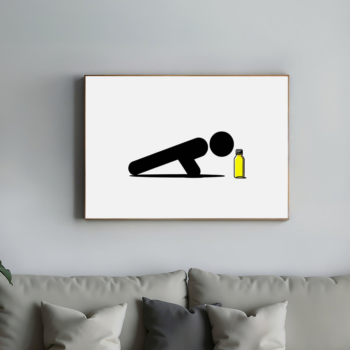 Don't Sweat It | Minimalist Fitness Art | Yellow Accent | Digital Print | Home Decor | Digital Download | 100 x 70 cm - Arts To GloryDon't Sweat It | Minimalist Fitness Art | Yellow Accent | Digital Print | Home Decor | Digital Download | 100 x 70 cmSimple & StrikingArts To GloryMinimalist black and white wall art featuring a silhouette of a person in a push-up pose facing a small yellow bottle, symbolizing rest and rejuvenation, displayed above a sofa with neutral-toned pillows.