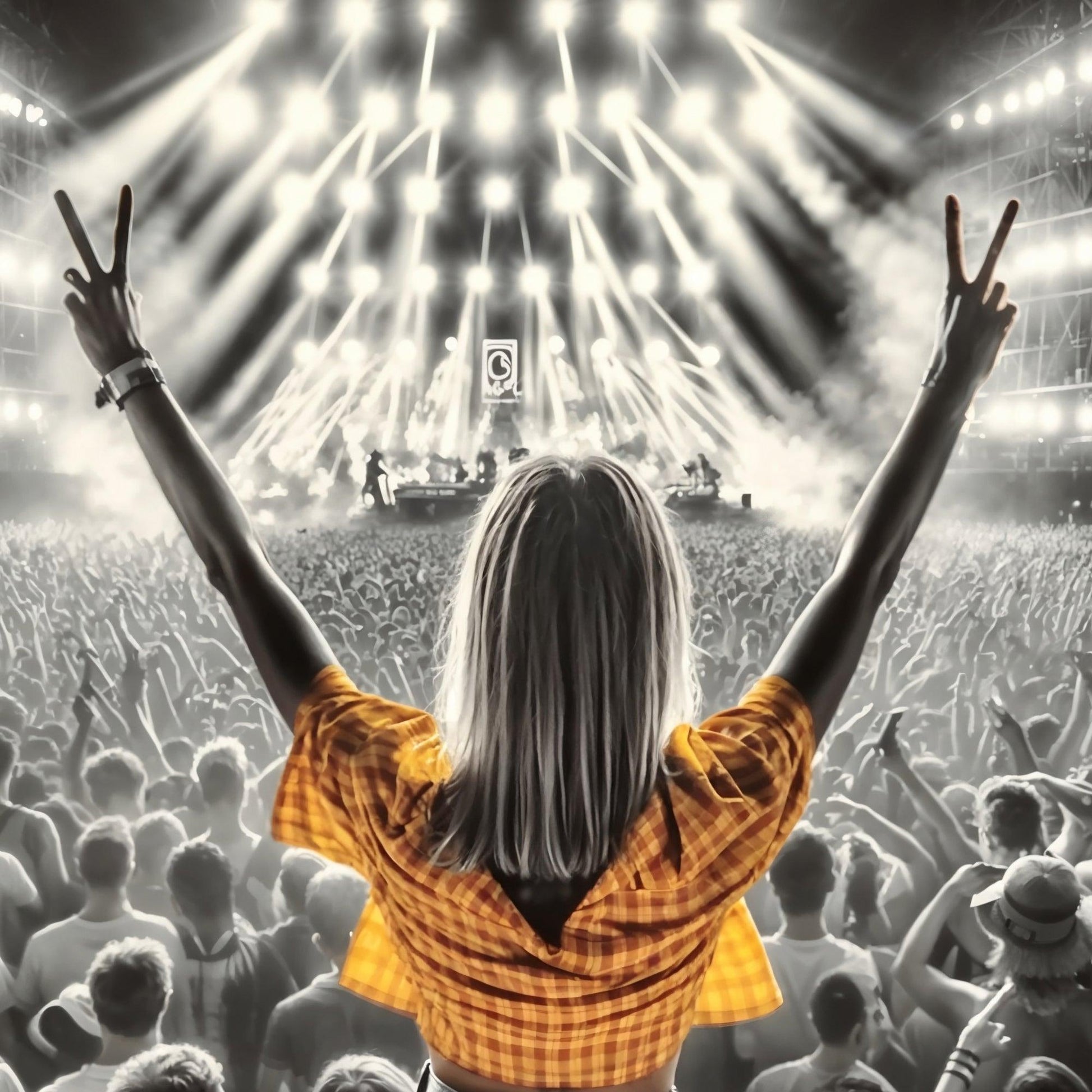 Festival Season | Crowd Unity with Peace Symbol | Yellow Accent | Digital Art | Home Decor | Digital Download | 100 x 70 cm - Arts To GloryFestival Season | Crowd Unity with Peace Symbol | Yellow Accent | Digital Art | Home Decor | Digital Download | 100 x 70 cmDetailed & ComplexArts To GloryA concert-goer raises their hand in a peace sign, with their back to the camera, amid a sea of fans at a vibrant live music event, illuminated by dazzling stage lights.